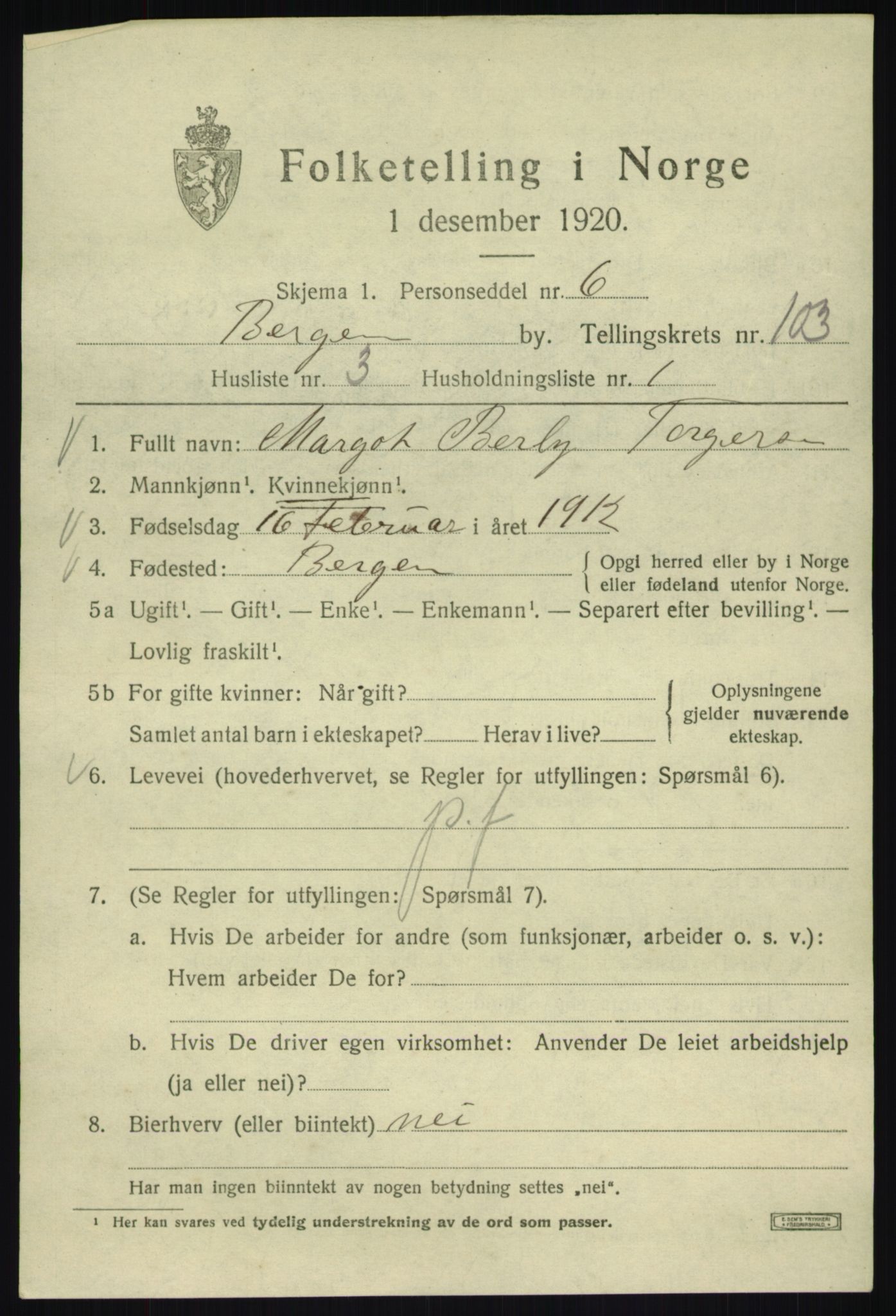 SAB, 1920 census for Bergen, 1920, p. 179270