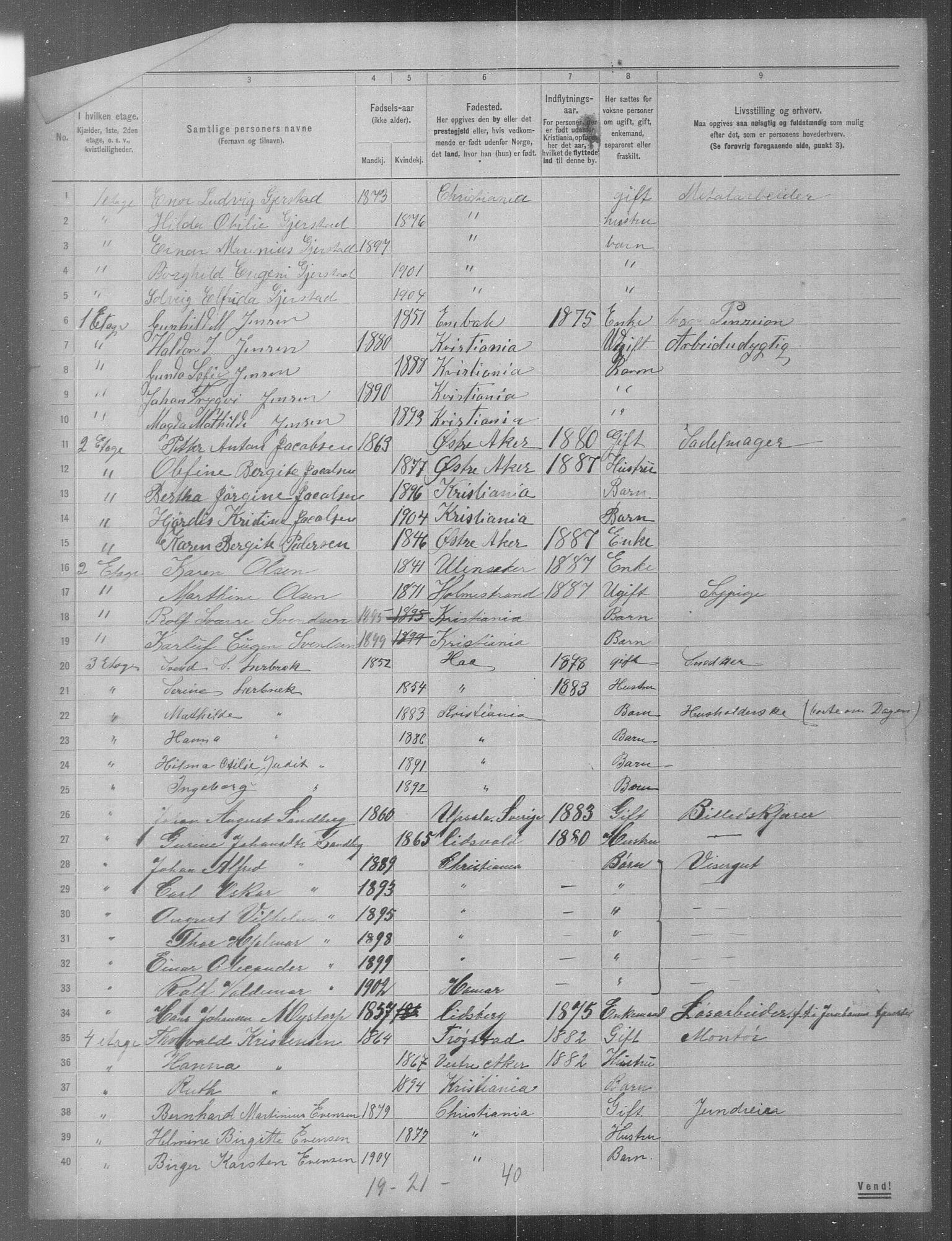 OBA, Municipal Census 1904 for Kristiania, 1904, p. 1139