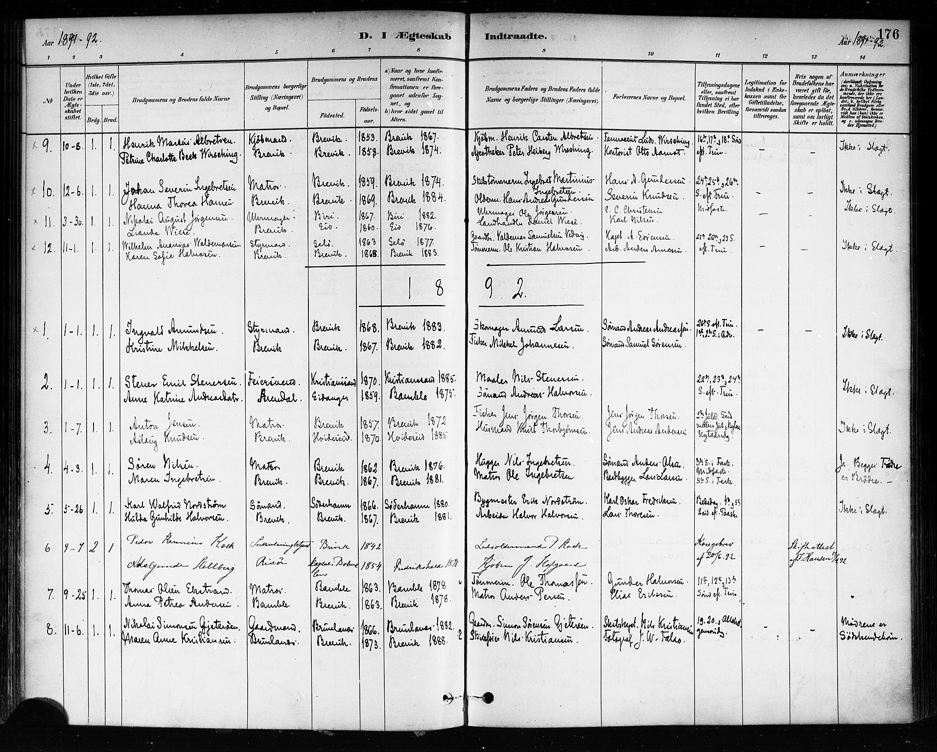 Brevik kirkebøker, SAKO/A-255/F/Fa/L0007: Parish register (official) no. 7, 1882-1900, p. 176