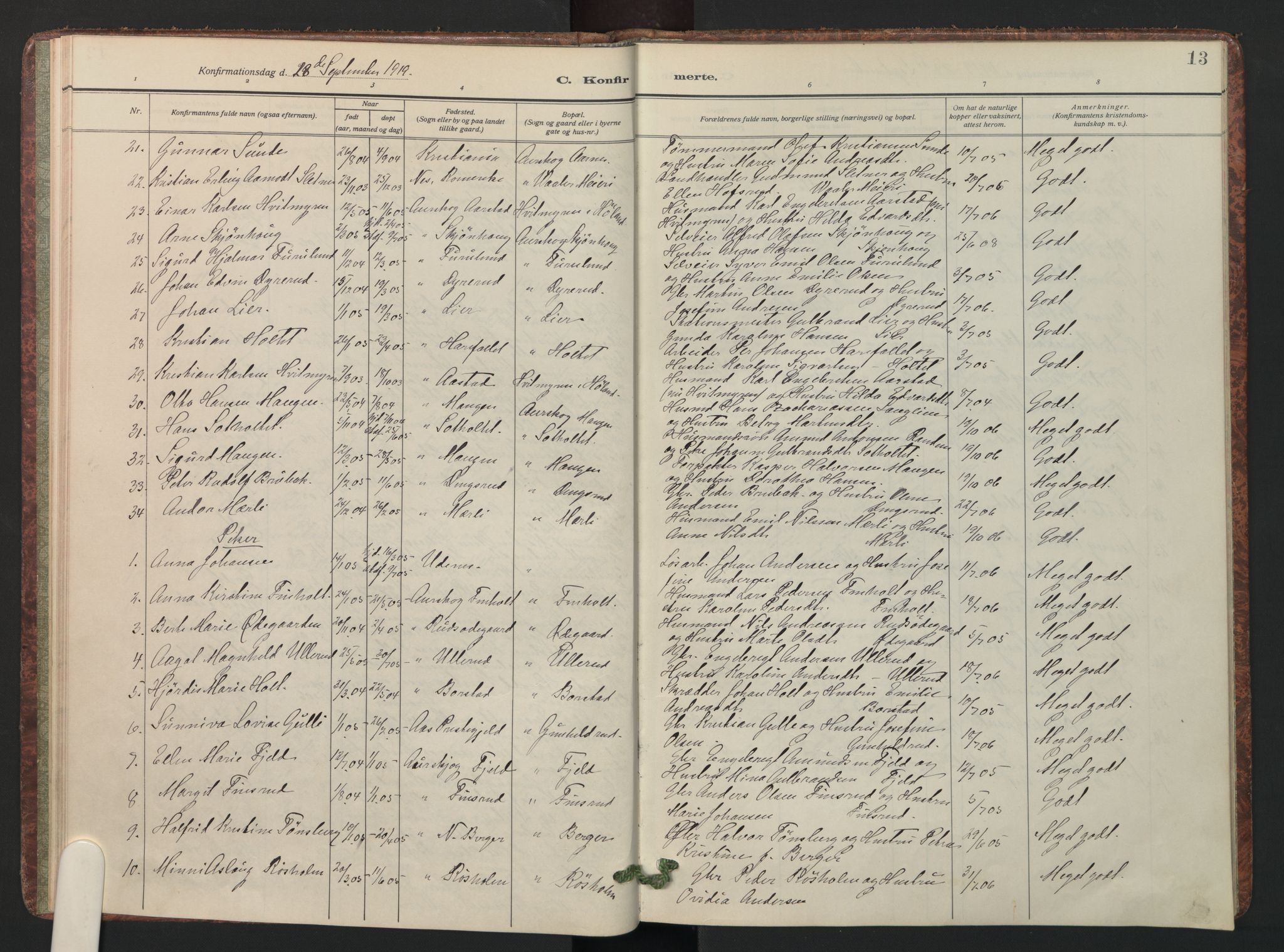 Aurskog prestekontor Kirkebøker, SAO/A-10304a/F/Fa/L0015: Parish register (official) no. I 15, 1915-1929, p. 13