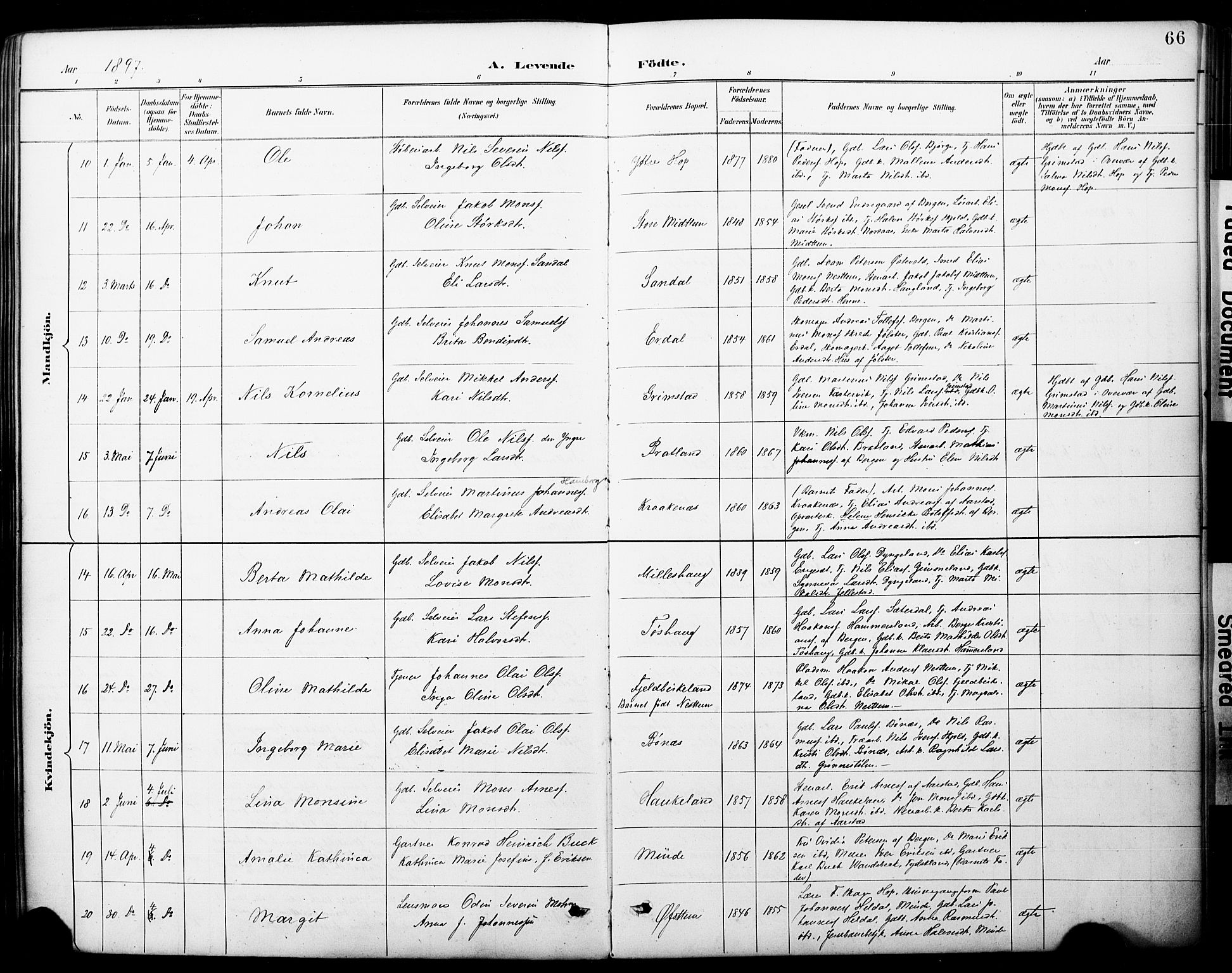 Fana Sokneprestembete, AV/SAB-A-75101/H/Haa/Haai/L0002: Parish register (official) no. I 2, 1888-1899, p. 66