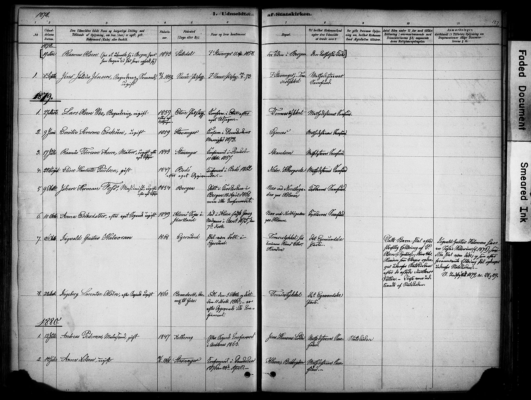 Domkirken sokneprestkontor, SAST/A-101812/001/30/30BA/L0025: Parish register (official) no. A 24, 1877-1927, p. 127