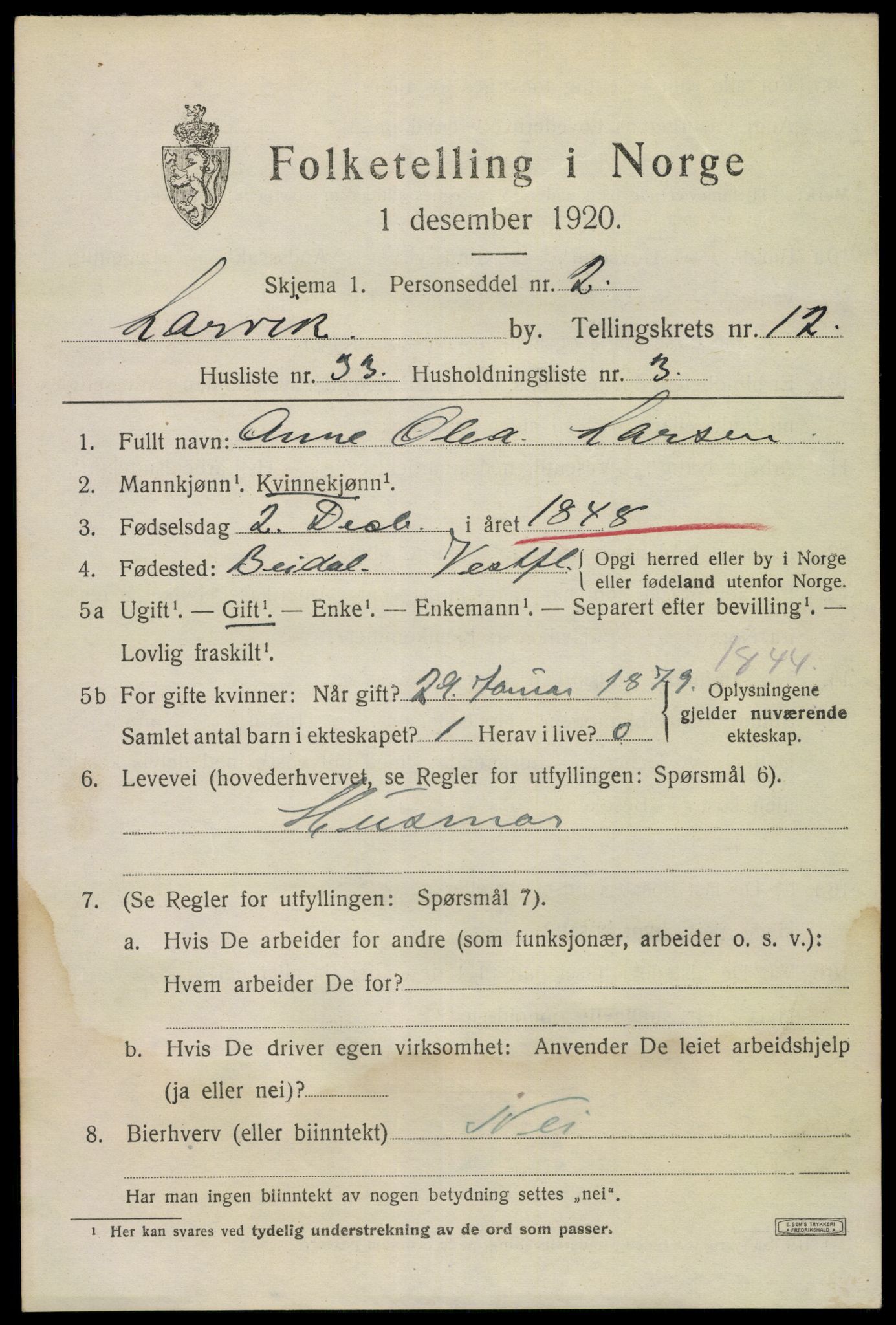 SAKO, 1920 census for Larvik, 1920, p. 31024