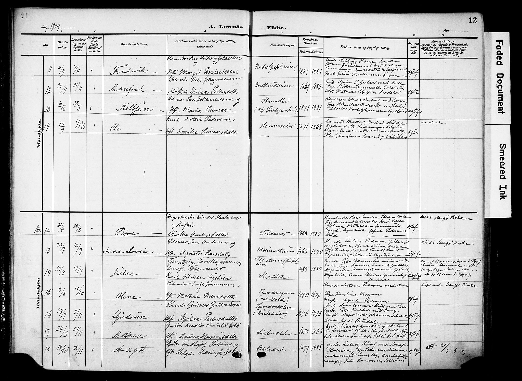 Nes prestekontor, Hedmark, SAH/PREST-020/K/Ka/L0014: Parish register (official) no. 14, 1906-1929, p. 12