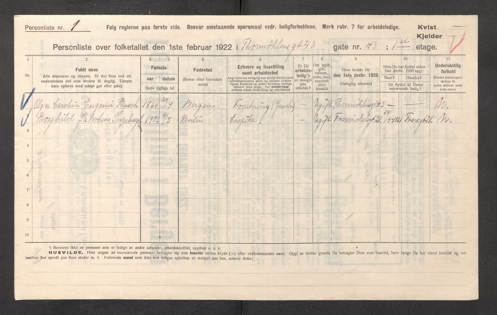 SAB, Municipal Census 1922 for Bergen, 1922, p. 43808