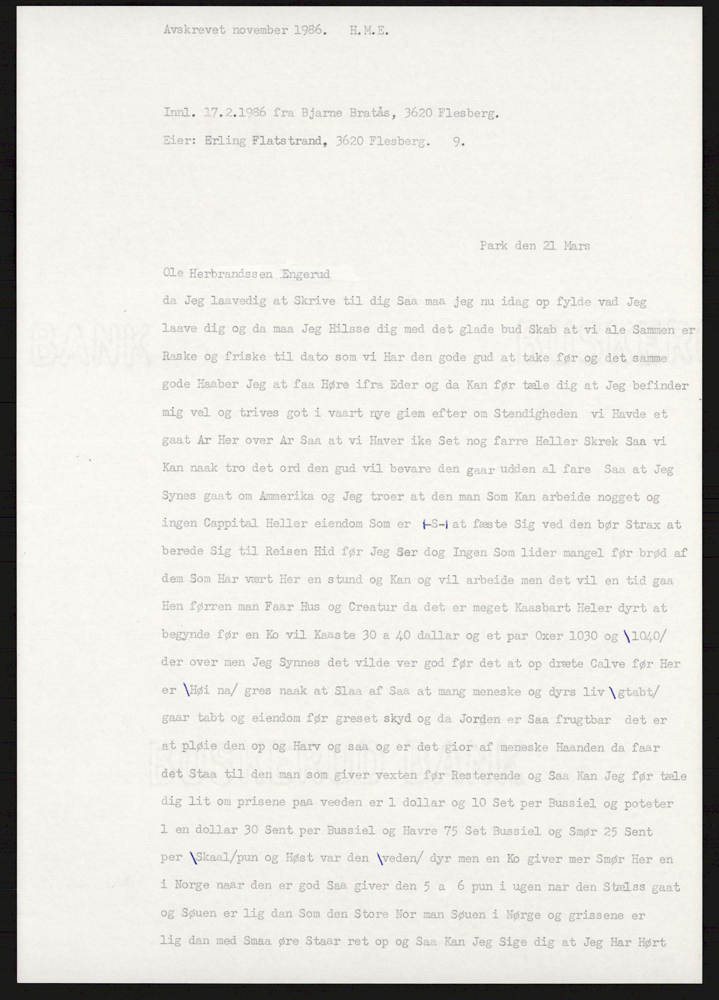 Samlinger til kildeutgivelse, Amerikabrevene, AV/RA-EA-4057/F/L0017: Innlån fra Buskerud: Bratås, 1838-1914, p. 411