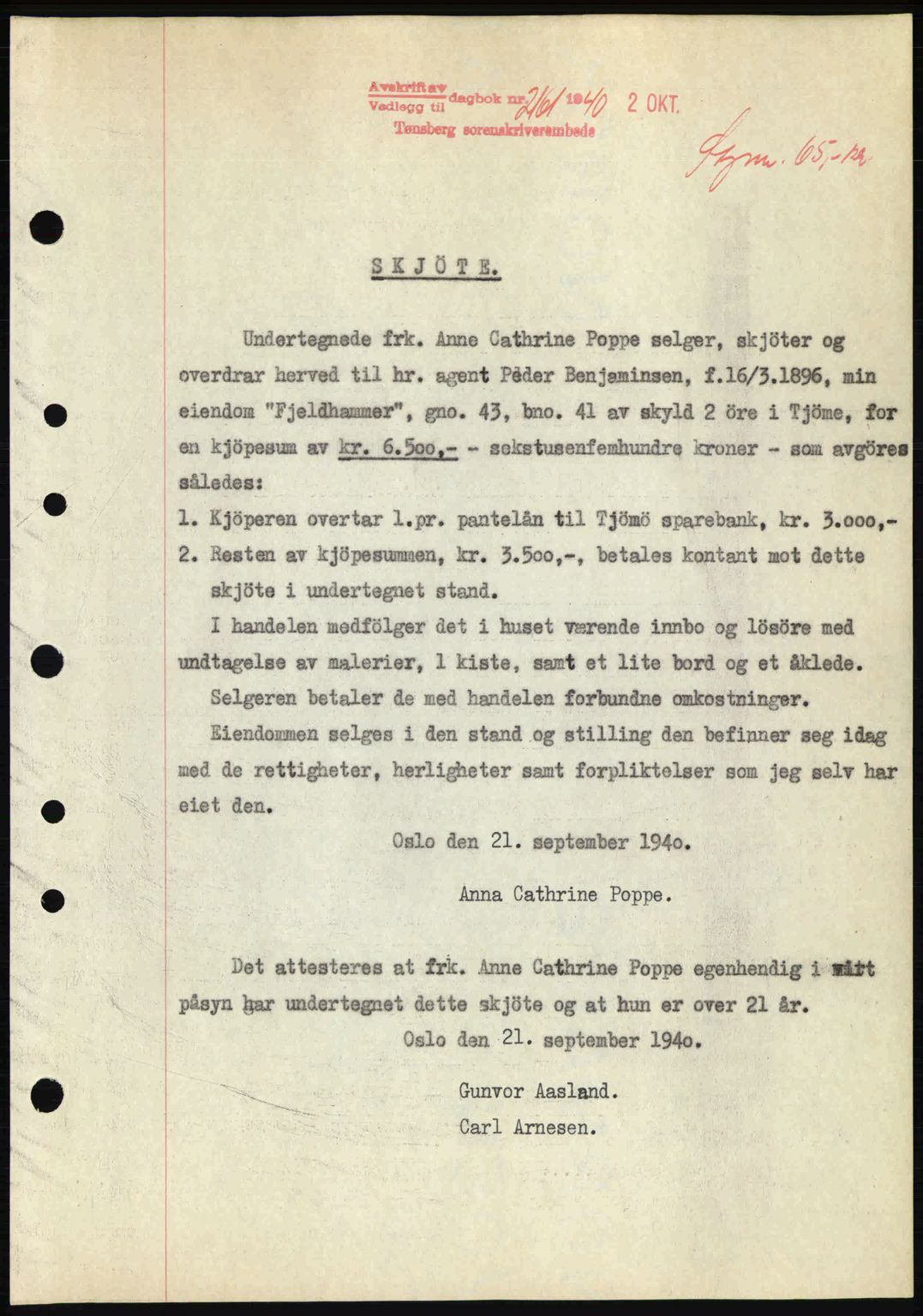 Tønsberg sorenskriveri, AV/SAKO-A-130/G/Ga/Gaa/L0009: Mortgage book no. A9, 1940-1941, Diary no: : 2161/1940