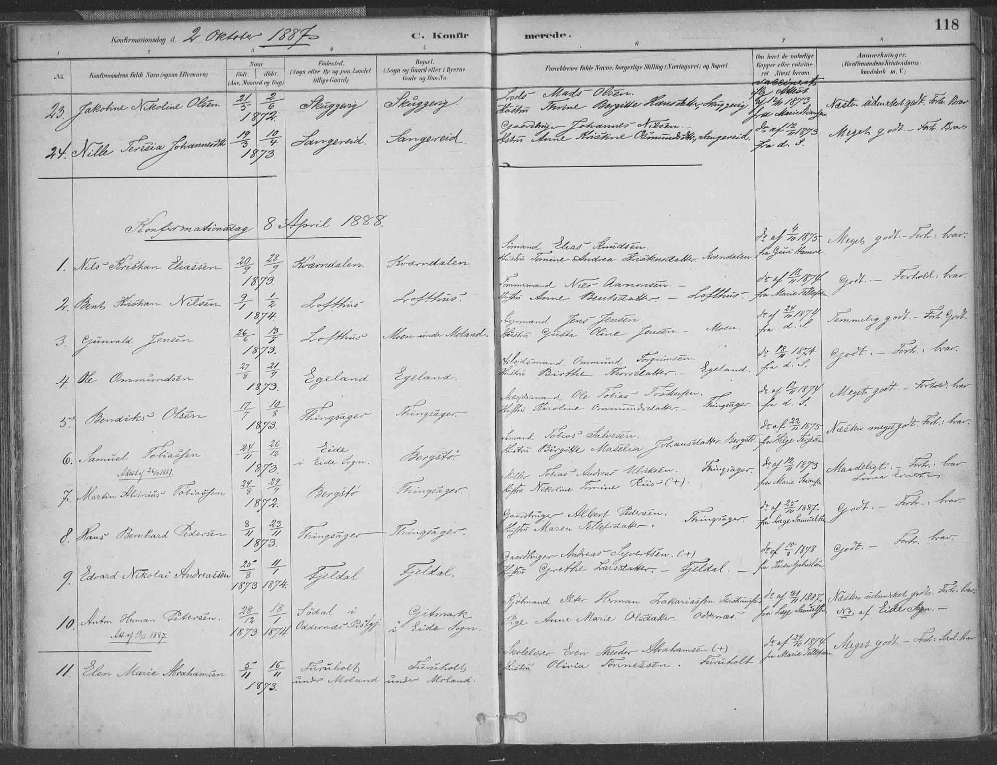Vestre Moland sokneprestkontor, SAK/1111-0046/F/Fa/Fab/L0009: Parish register (official) no. A 9, 1884-1899, p. 118