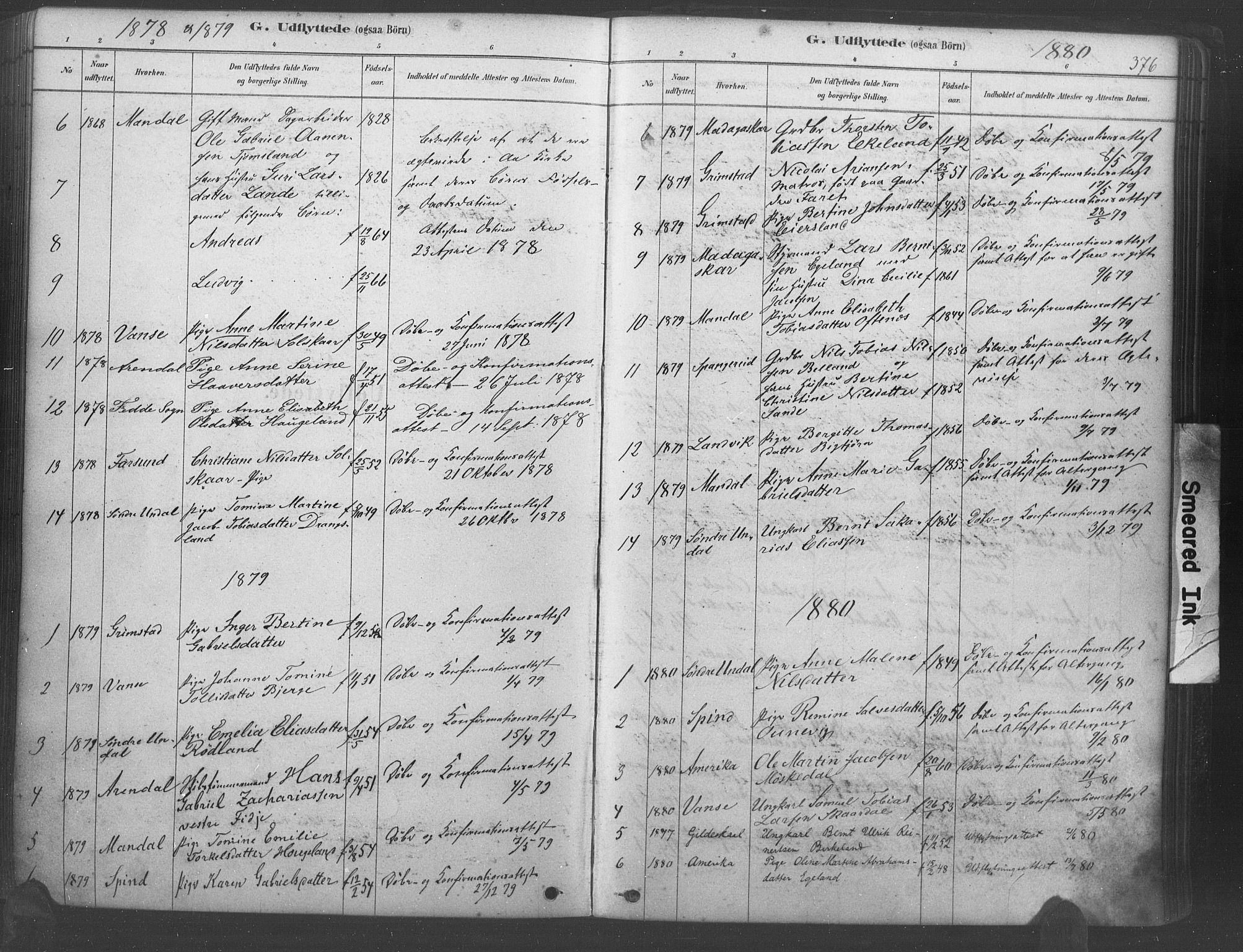 Lyngdal sokneprestkontor, SAK/1111-0029/F/Fa/Fac/L0011: Parish register (official) no. A 11, 1878-1893, p. 376