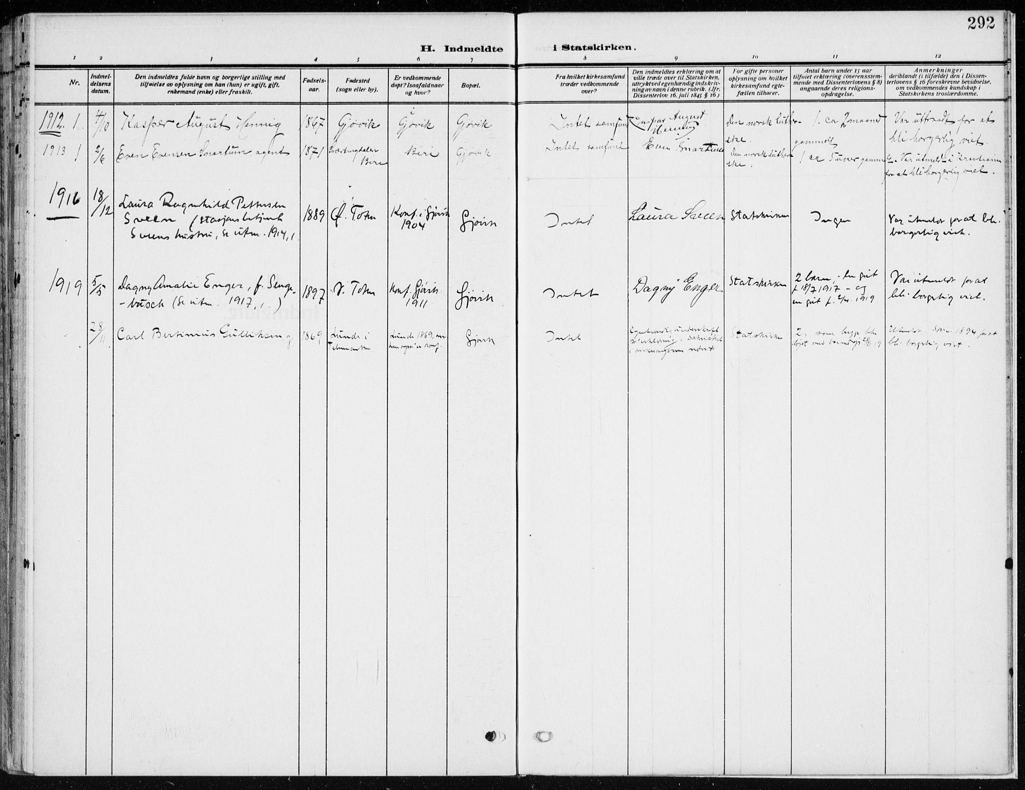 Vardal prestekontor, SAH/PREST-100/H/Ha/Haa/L0014: Parish register (official) no. 14, 1912-1922, p. 292