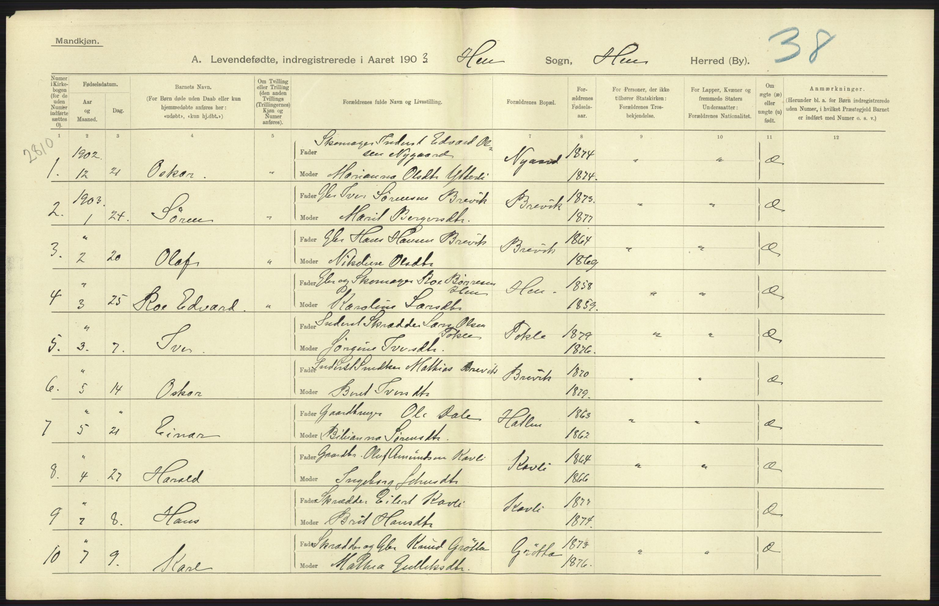 Statistisk sentralbyrå, Sosiodemografiske emner, Befolkning, AV/RA-S-2228/D/Df/Dfa/Dfaa/L0016: Romsdal amt: Fødte, gifte, døde., 1903, p. 55