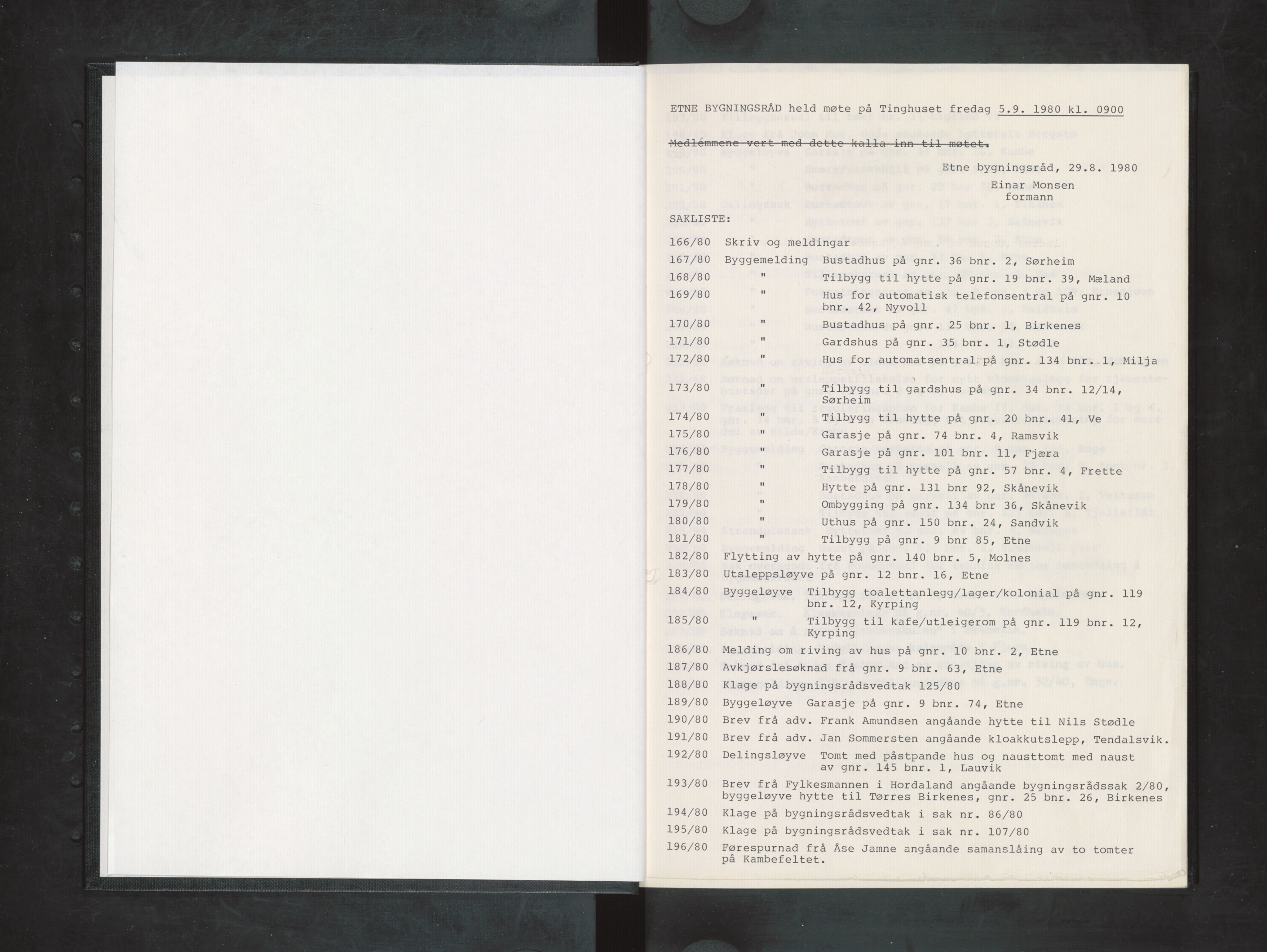 Etne kommune. Bygningsrådet, IKAH/1211-511/A/Aa/L0020: Møtebok Etne bygningsråd II, 1980