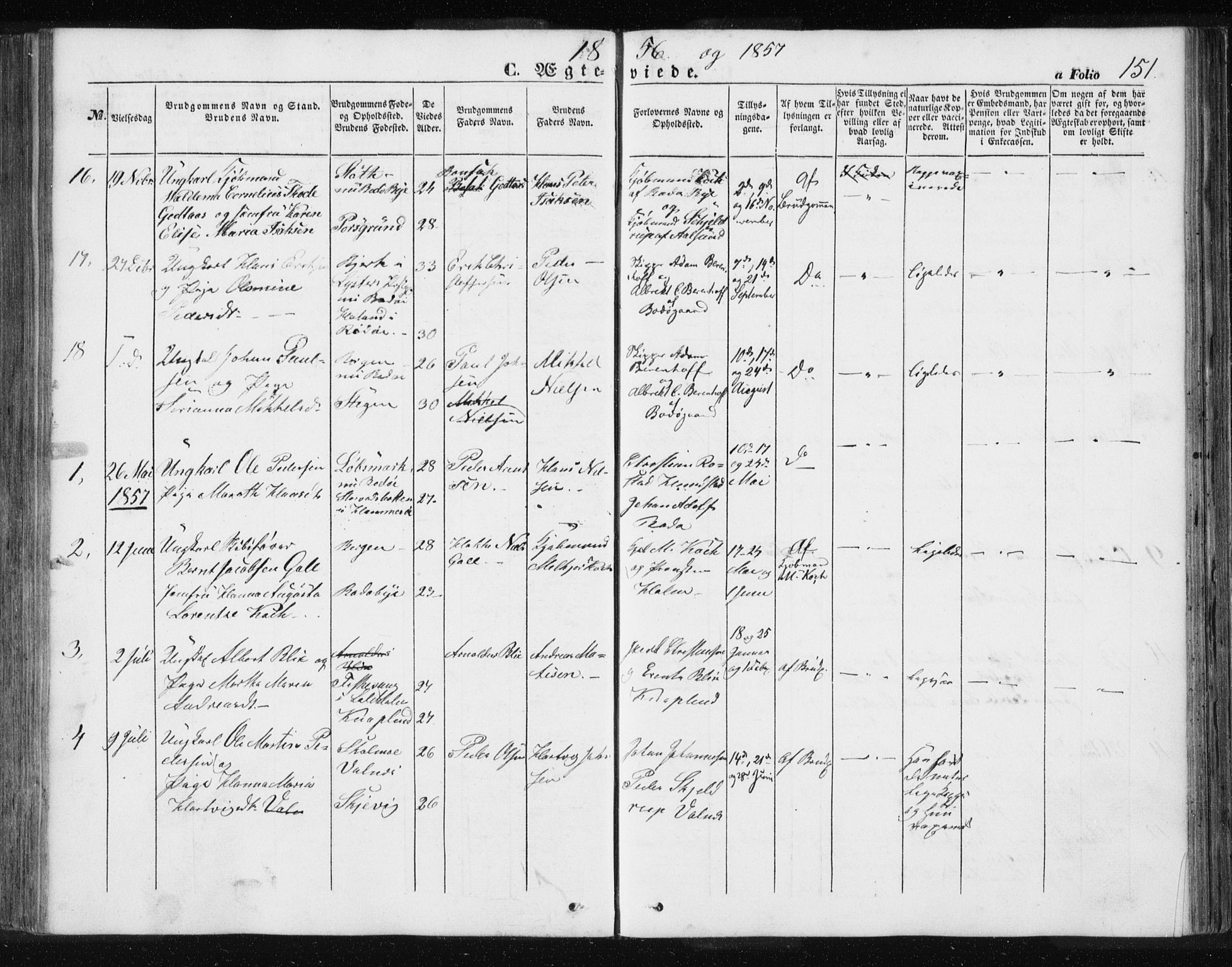 Ministerialprotokoller, klokkerbøker og fødselsregistre - Nordland, SAT/A-1459/801/L0028: Parish register (copy) no. 801C03, 1855-1867, p. 151