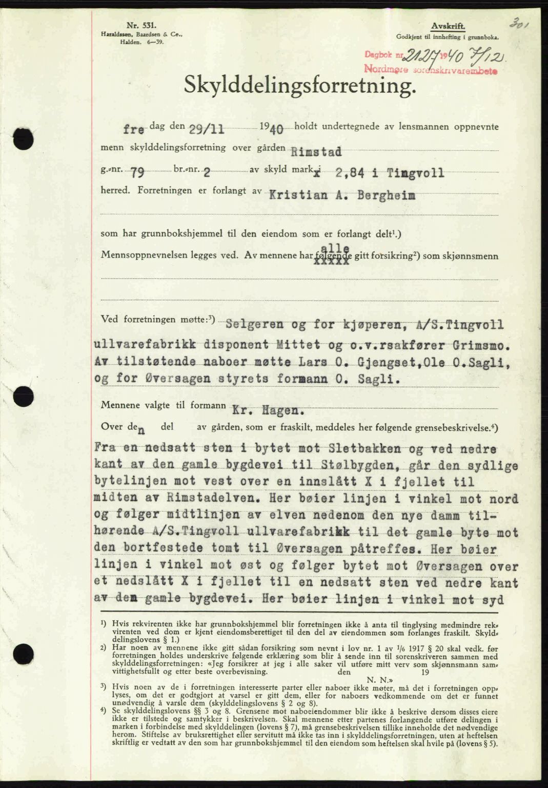 Nordmøre sorenskriveri, SAT/A-4132/1/2/2Ca: Mortgage book no. A89, 1940-1941, Diary no: : 2127/1940