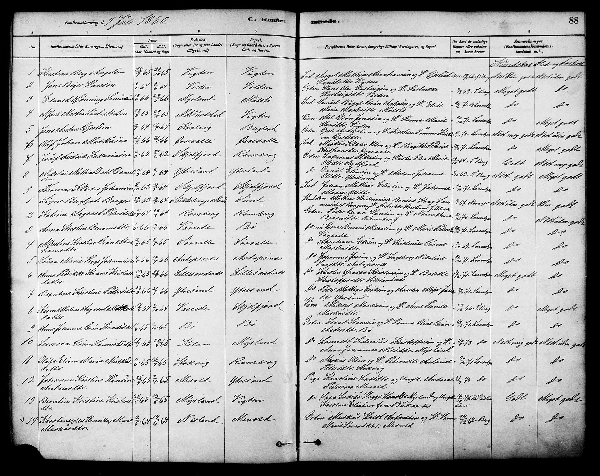 Ministerialprotokoller, klokkerbøker og fødselsregistre - Nordland, SAT/A-1459/885/L1204: Parish register (official) no. 885A05, 1878-1892, p. 88