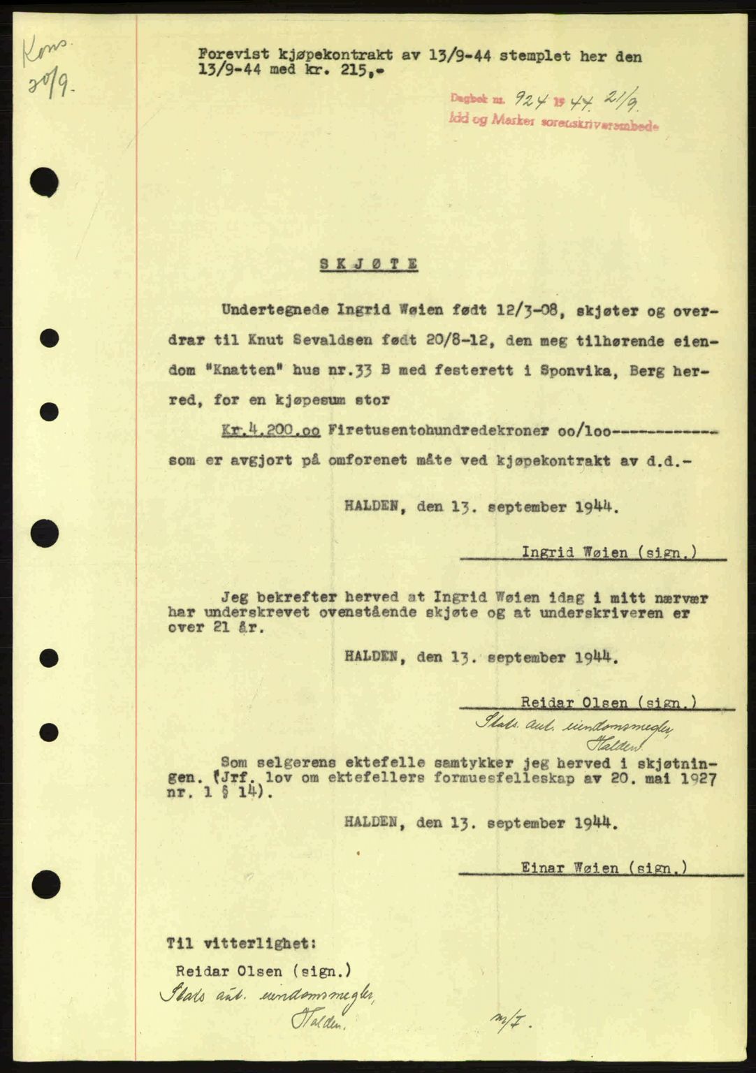 Idd og Marker sorenskriveri, AV/SAO-A-10283/G/Gb/Gbb/L0007: Mortgage book no. A7, 1944-1945, Diary no: : 924/1944