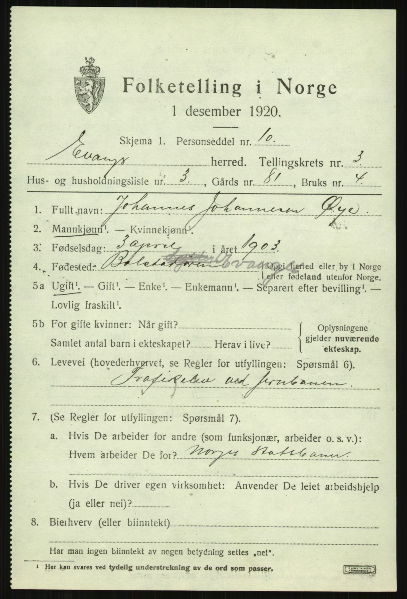 SAB, 1920 census for Evanger, 1920, p. 1053