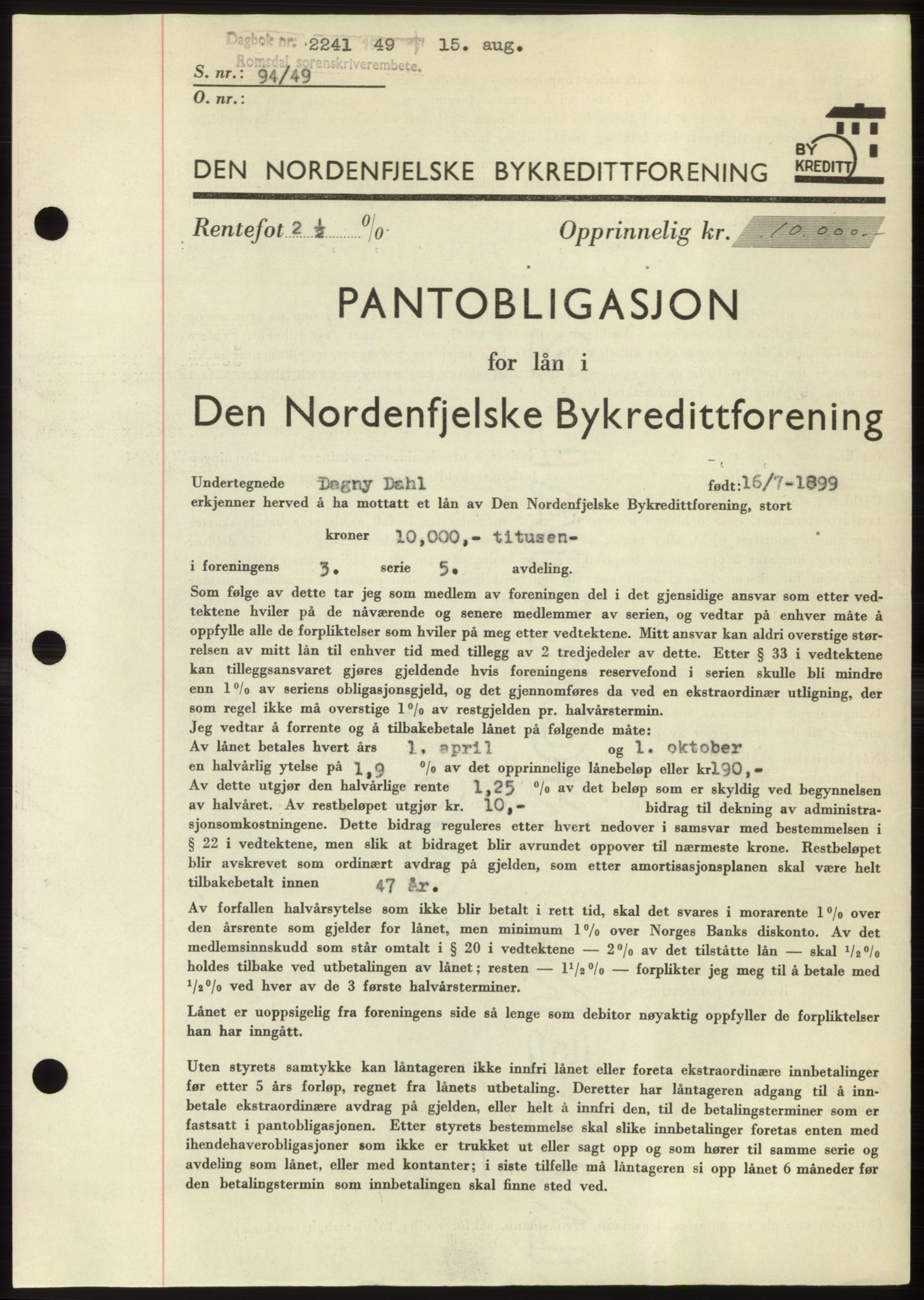 Romsdal sorenskriveri, AV/SAT-A-4149/1/2/2C: Mortgage book no. B4, 1948-1949, Diary no: : 2241/1949