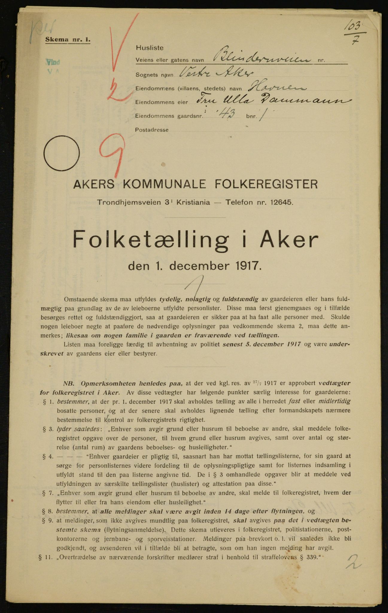 OBA, Municipal Census 1917 for Aker, 1917, p. 10427