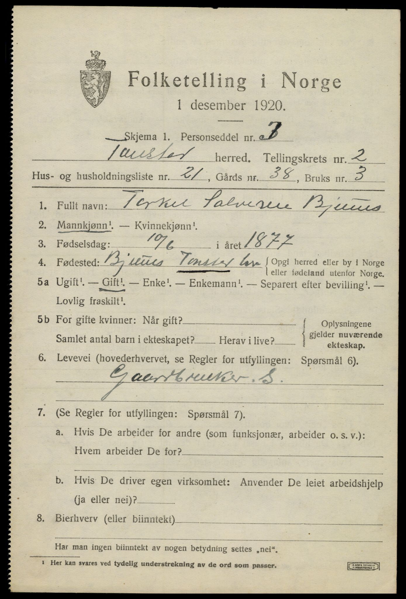 SAK, 1920 census for Tonstad, 1920, p. 986