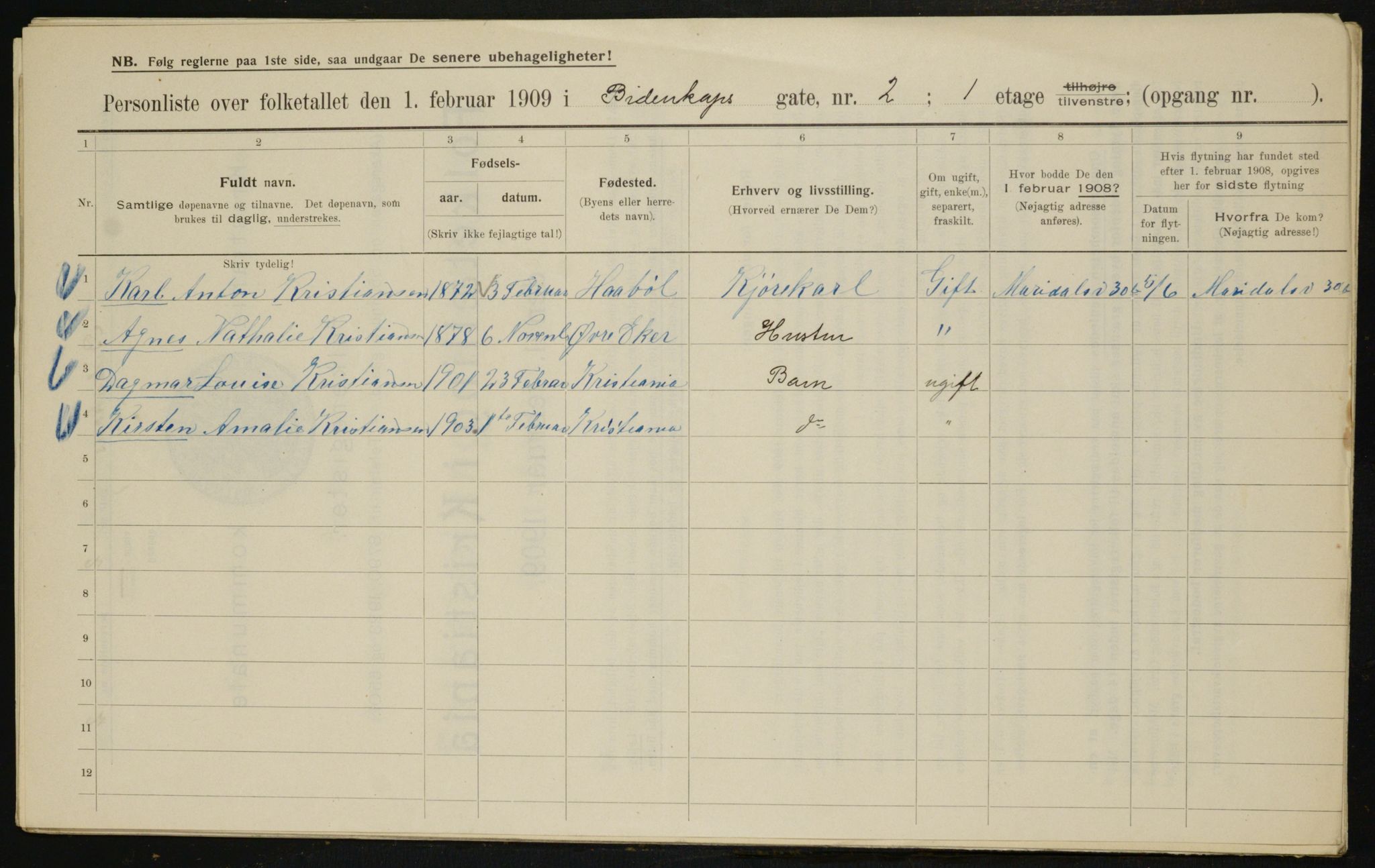 OBA, Municipal Census 1909 for Kristiania, 1909, p. 4377