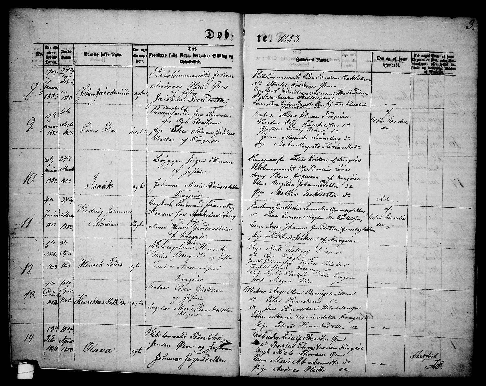 Kragerø kirkebøker, AV/SAKO-A-278/G/Ga/L0004: Parish register (copy) no. 4, 1853-1865, p. 3