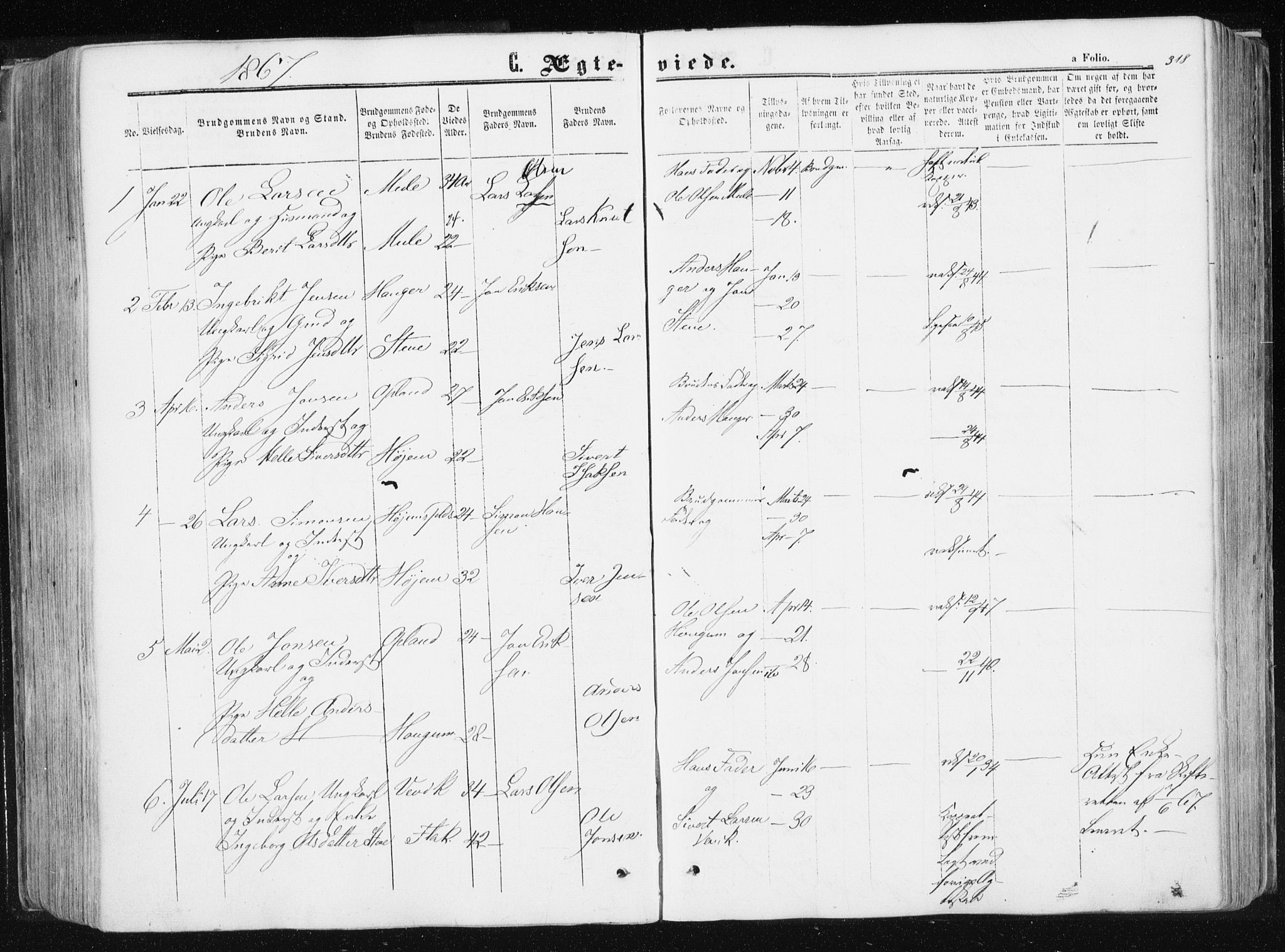 Ministerialprotokoller, klokkerbøker og fødselsregistre - Sør-Trøndelag, SAT/A-1456/612/L0377: Parish register (official) no. 612A09, 1859-1877, p. 318