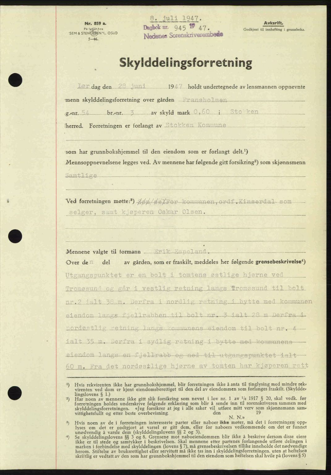 Nedenes sorenskriveri, AV/SAK-1221-0006/G/Gb/Gba/L0057: Mortgage book no. A9, 1947-1947, Diary no: : 945/1947