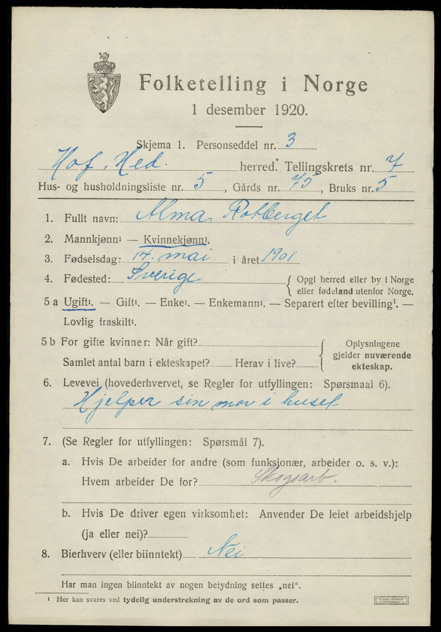 SAH, 1920 census for Hof, 1920, p. 7951