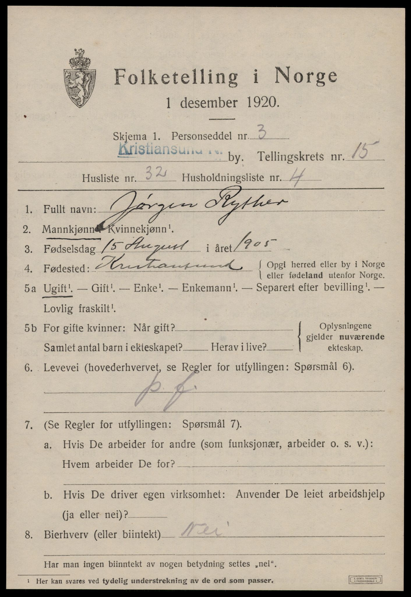 SAT, 1920 census for Kristiansund, 1920, p. 31541