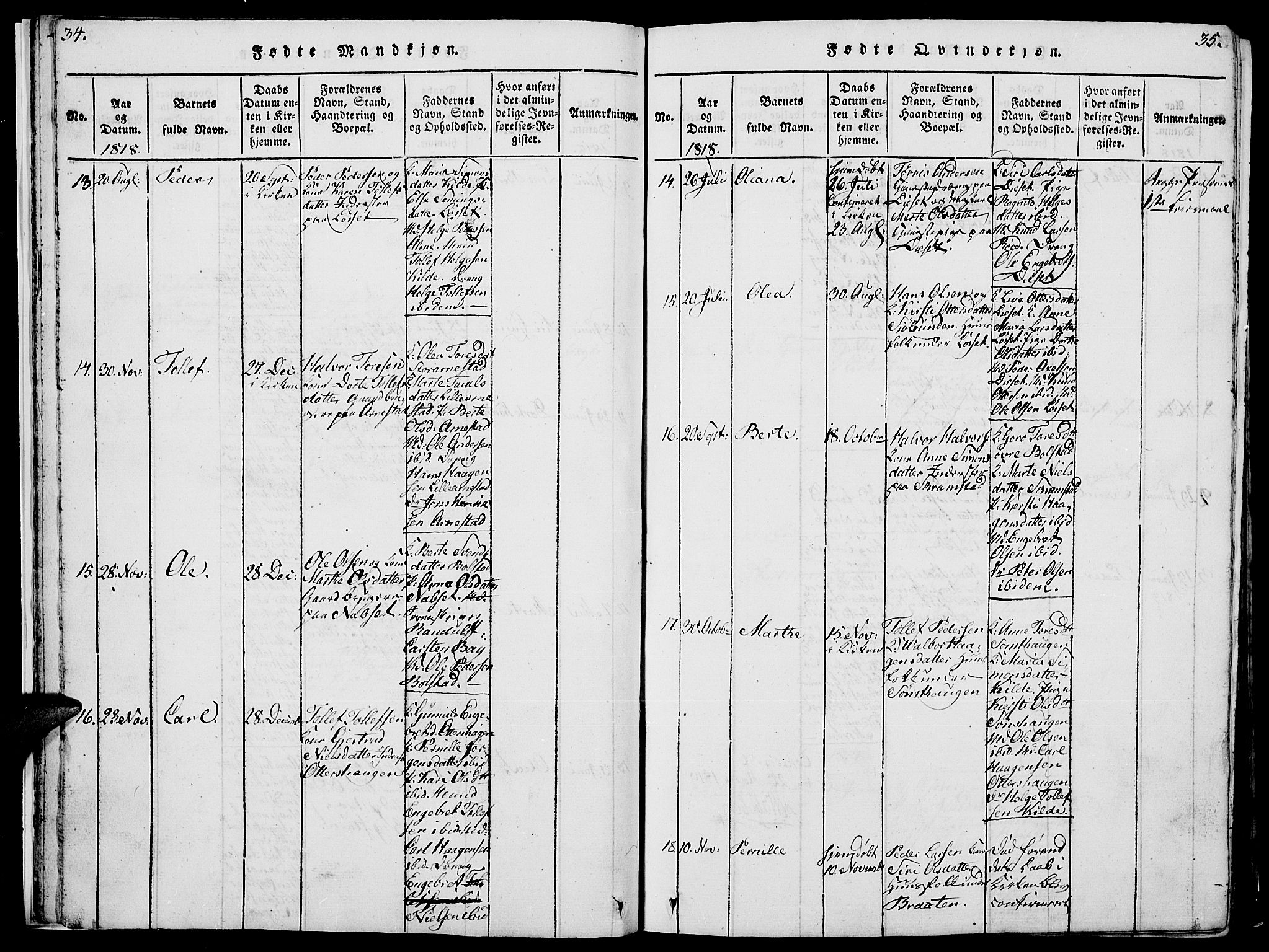 Åmot prestekontor, Hedmark, SAH/PREST-056/H/Ha/Hab/L0001: Parish register (copy) no. 1, 1815-1847, p. 34-35