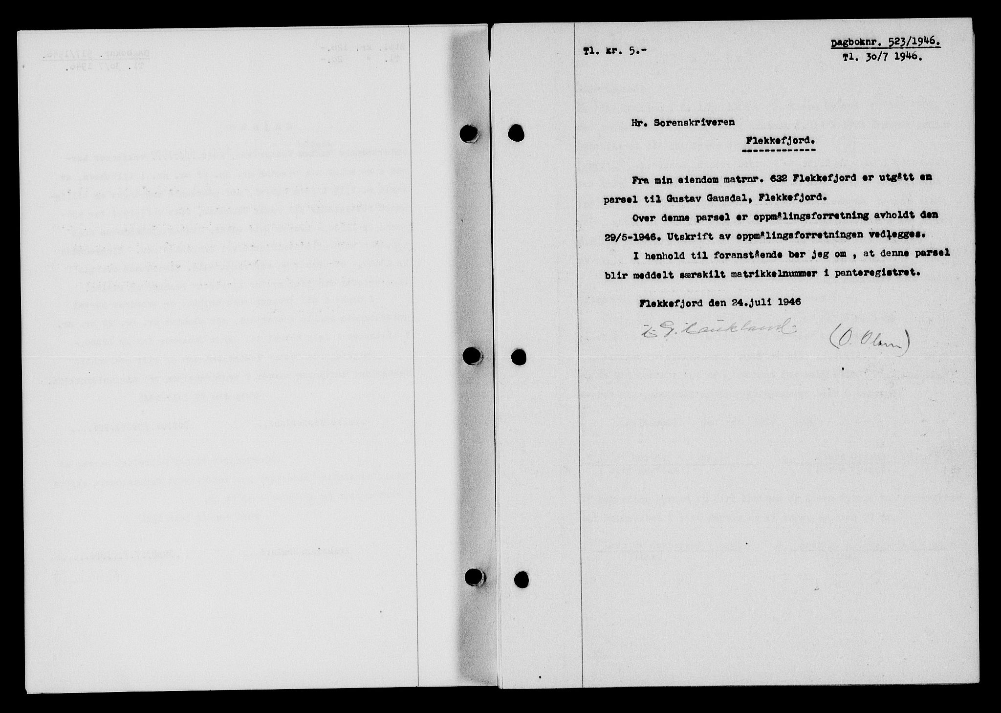 Flekkefjord sorenskriveri, SAK/1221-0001/G/Gb/Gba/L0060: Mortgage book no. A-8, 1945-1946, Diary no: : 523/1946