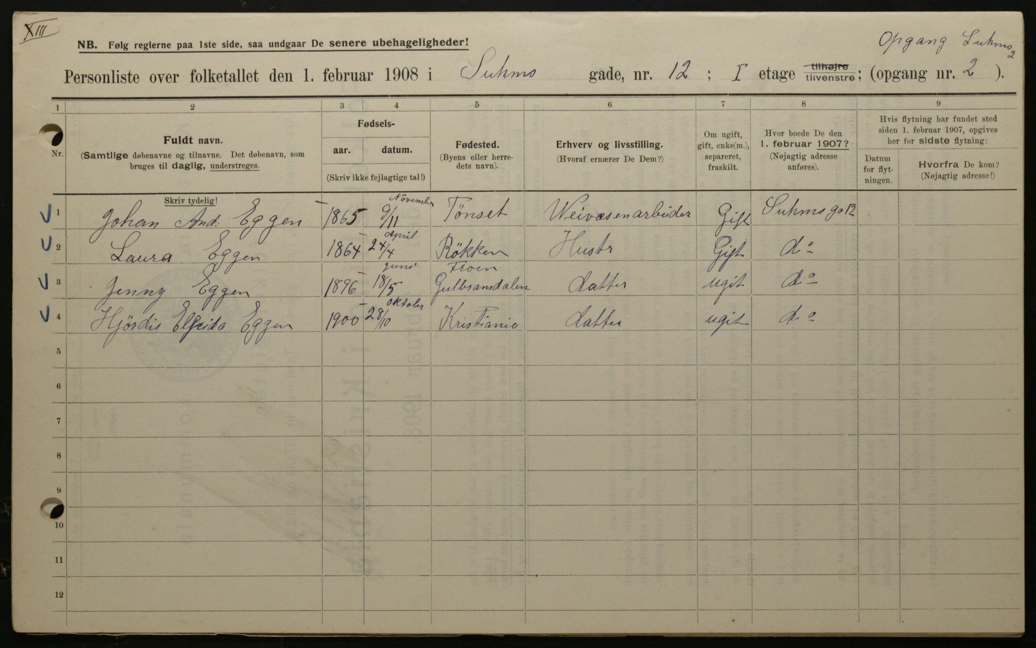 OBA, Municipal Census 1908 for Kristiania, 1908, p. 94098