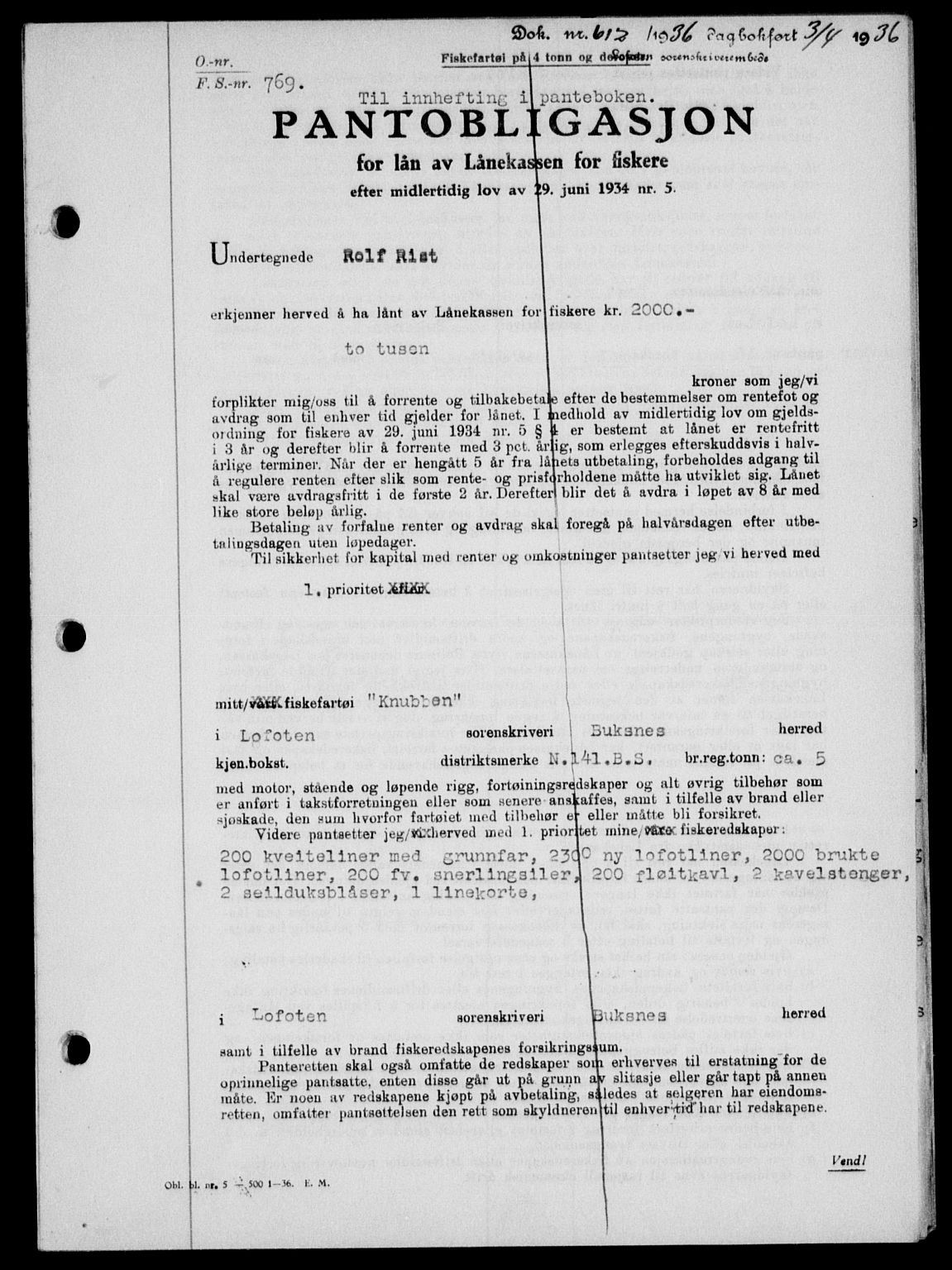 Lofoten sorenskriveri, SAT/A-0017/1/2/2C/L0033b: Mortgage book no. 33b, 1936-1936, Diary no: : 612/1936