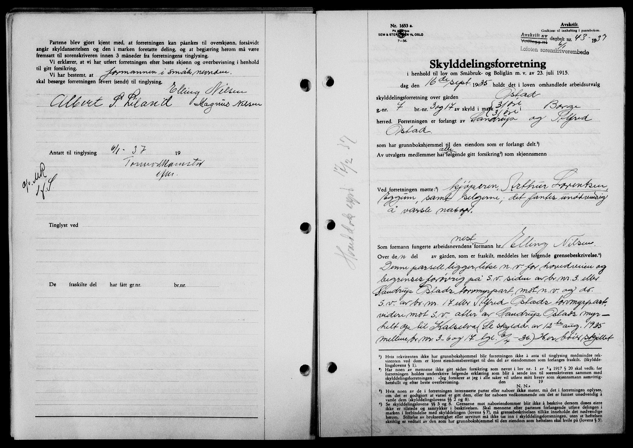 Lofoten sorenskriveri, SAT/A-0017/1/2/2C/L0001a: Mortgage book no. 1a, 1936-1937, Diary no: : 43/1937