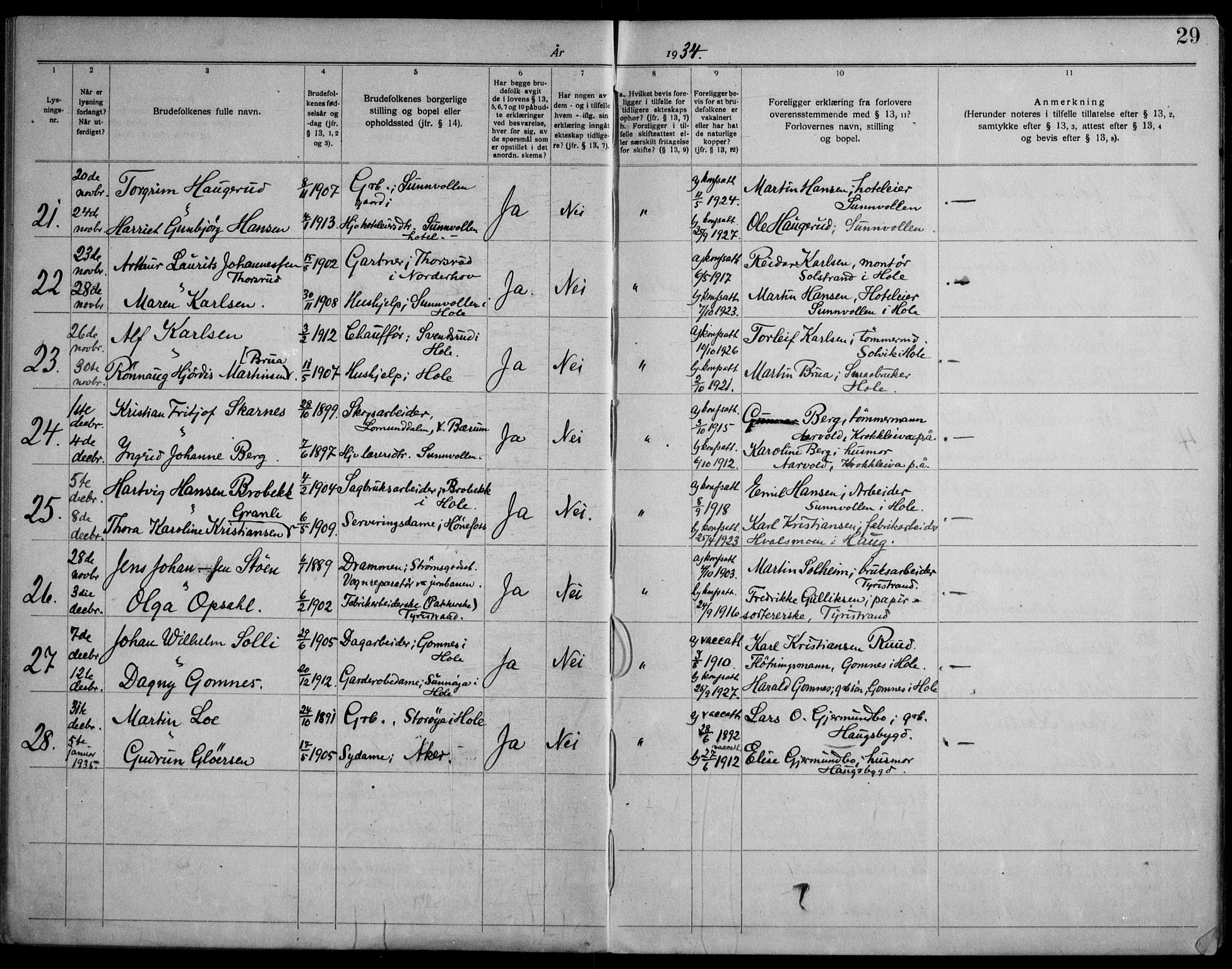 Hole kirkebøker, AV/SAKO-A-228/H/Ha/L0004: Banns register no. 4, 1919-1960, p. 29