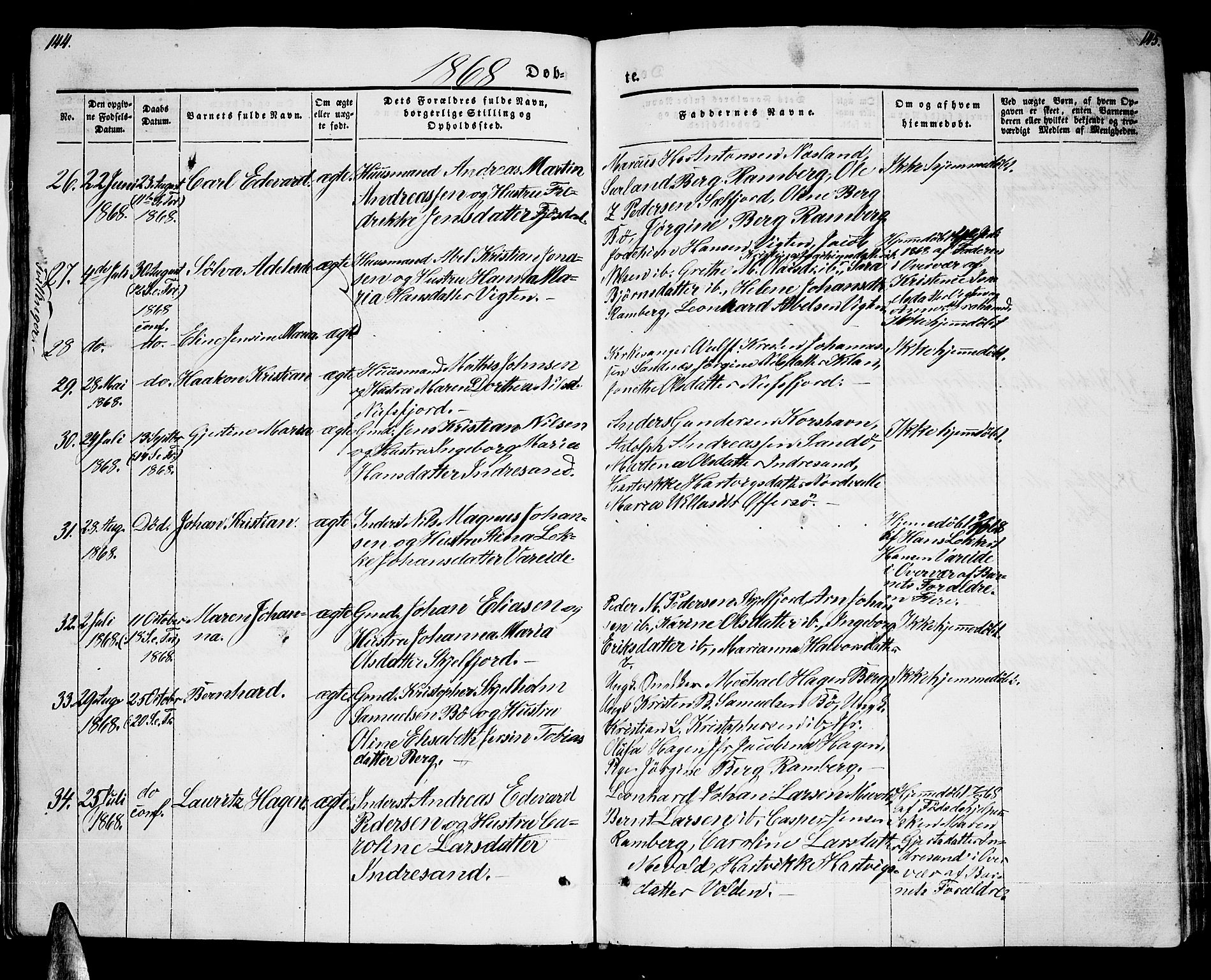 Ministerialprotokoller, klokkerbøker og fødselsregistre - Nordland, AV/SAT-A-1459/885/L1212: Parish register (copy) no. 885C01, 1847-1873, p. 144-145