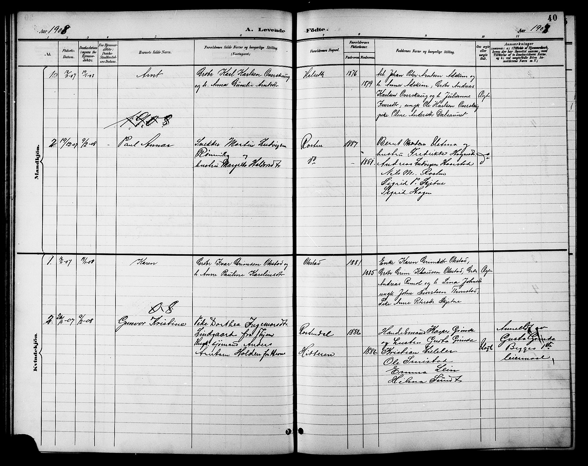 Ministerialprotokoller, klokkerbøker og fødselsregistre - Sør-Trøndelag, SAT/A-1456/621/L0460: Parish register (copy) no. 621C03, 1896-1914, p. 40