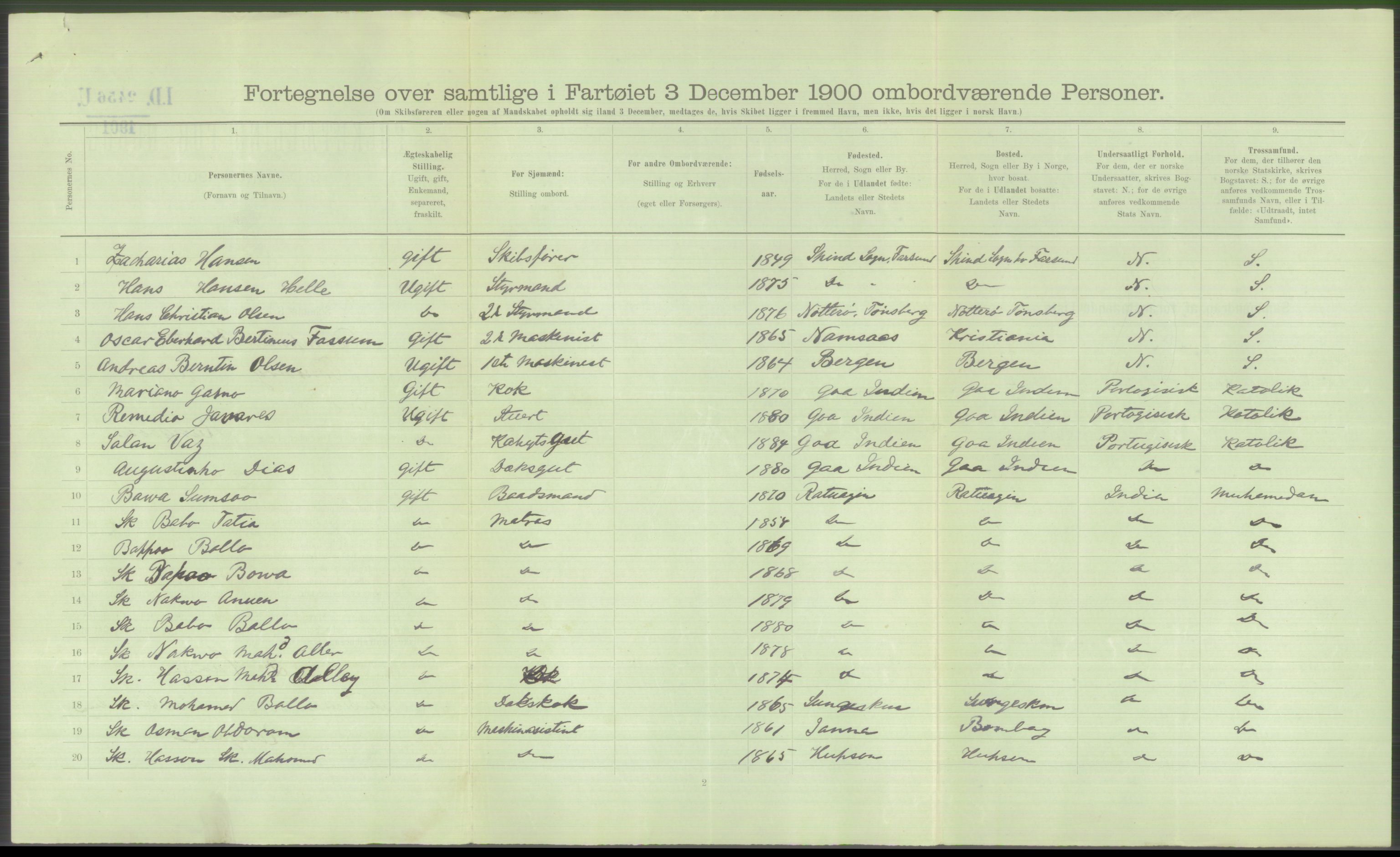 RA, 1900 Census - ship lists from ships in Norwegian harbours, harbours abroad and at sea, 1900, p. 5006