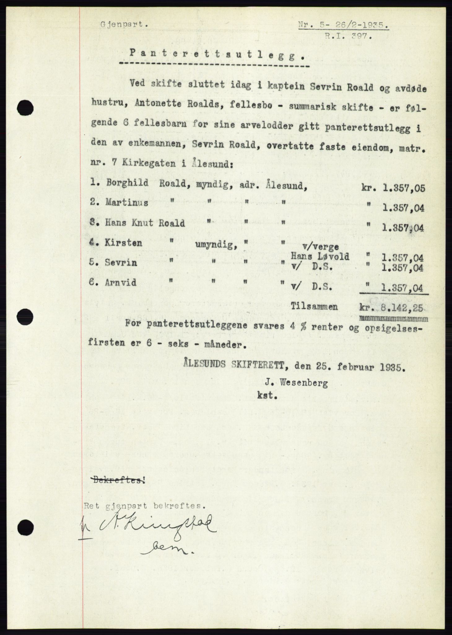 Ålesund byfogd, AV/SAT-A-4384: Mortgage book no. 32, 1934-1935, Deed date: 26.02.1935