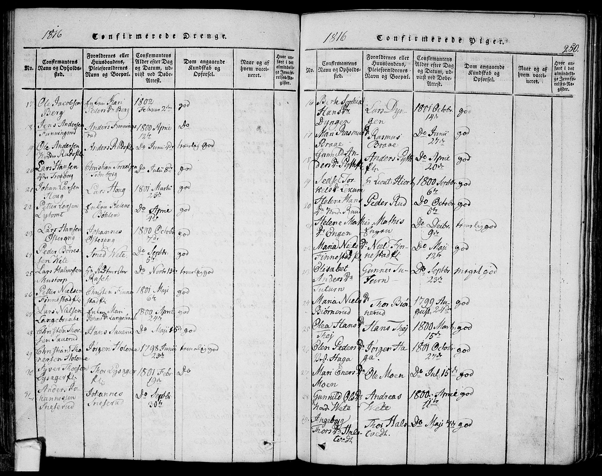Eidsberg prestekontor Kirkebøker, AV/SAO-A-10905/F/Fa/L0007: Parish register (official) no. I 7, 1814-1832, p. 250