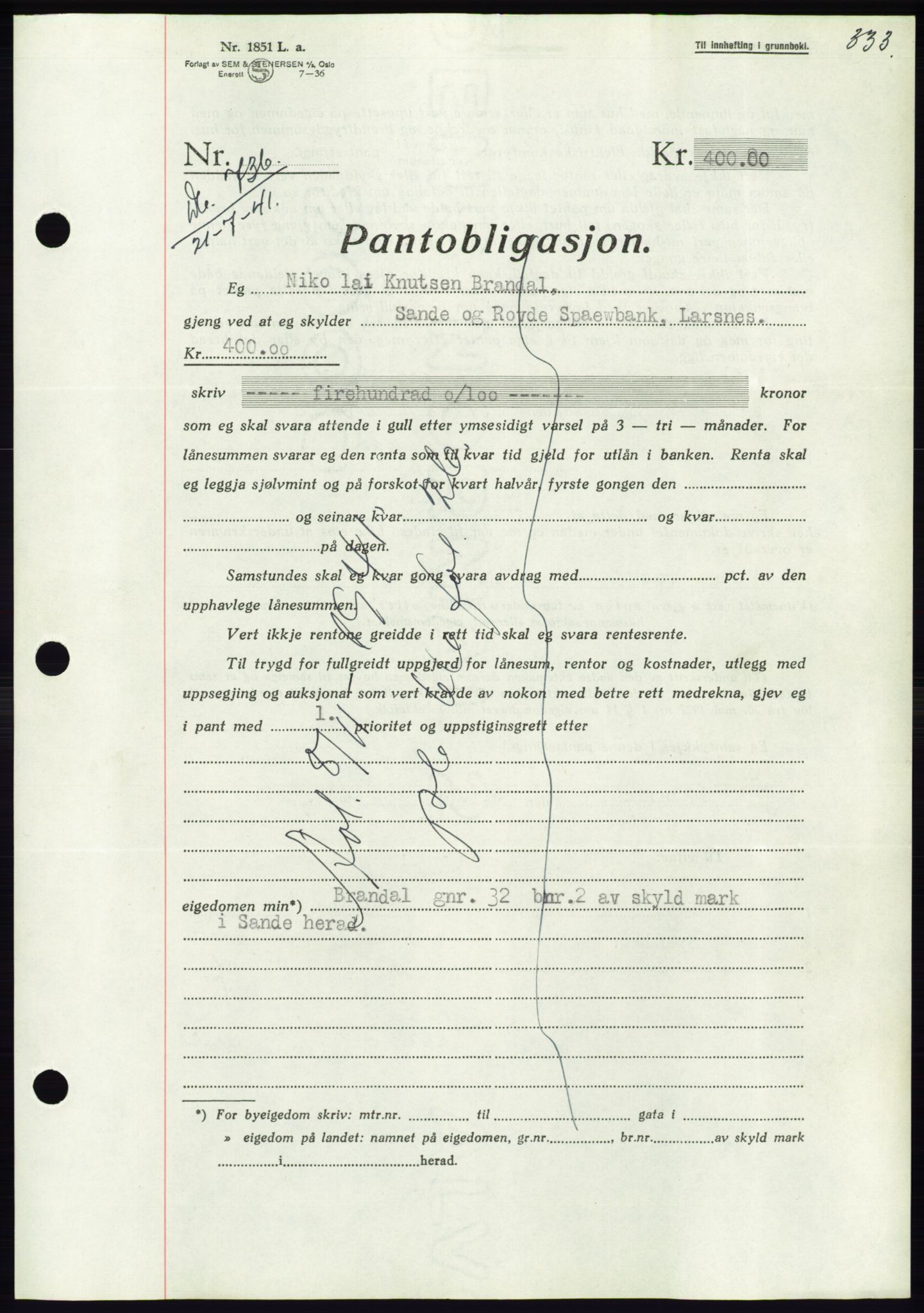 Søre Sunnmøre sorenskriveri, AV/SAT-A-4122/1/2/2C/L0071: Mortgage book no. 65, 1941-1941, Diary no: : 736/1941