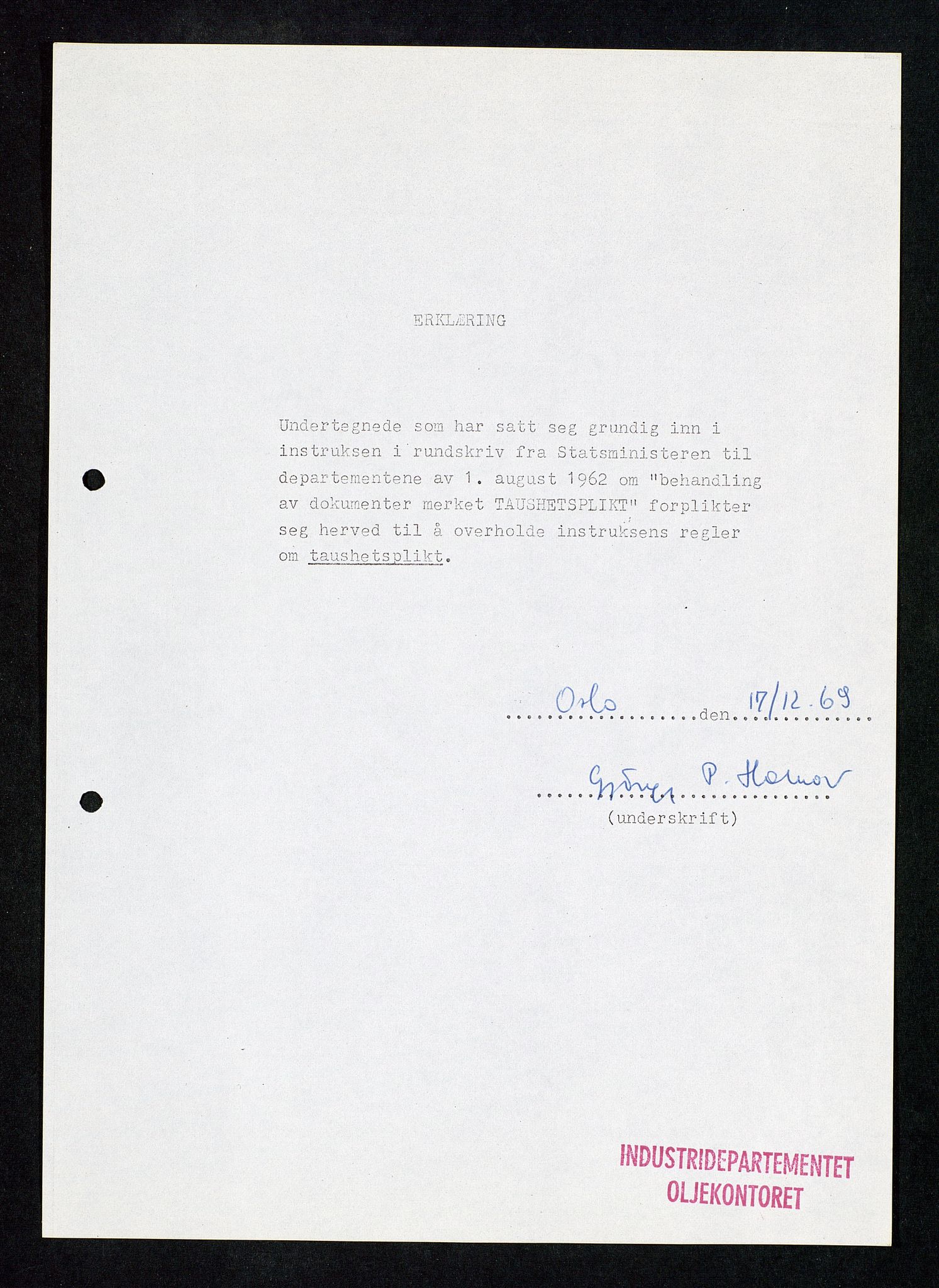 Industridepartementet, Oljekontoret, AV/SAST-A-101348/Db/L0001: Sikkerhet og utstyr, personell, arbeidstid, lønn, 1967-1973, p. 191