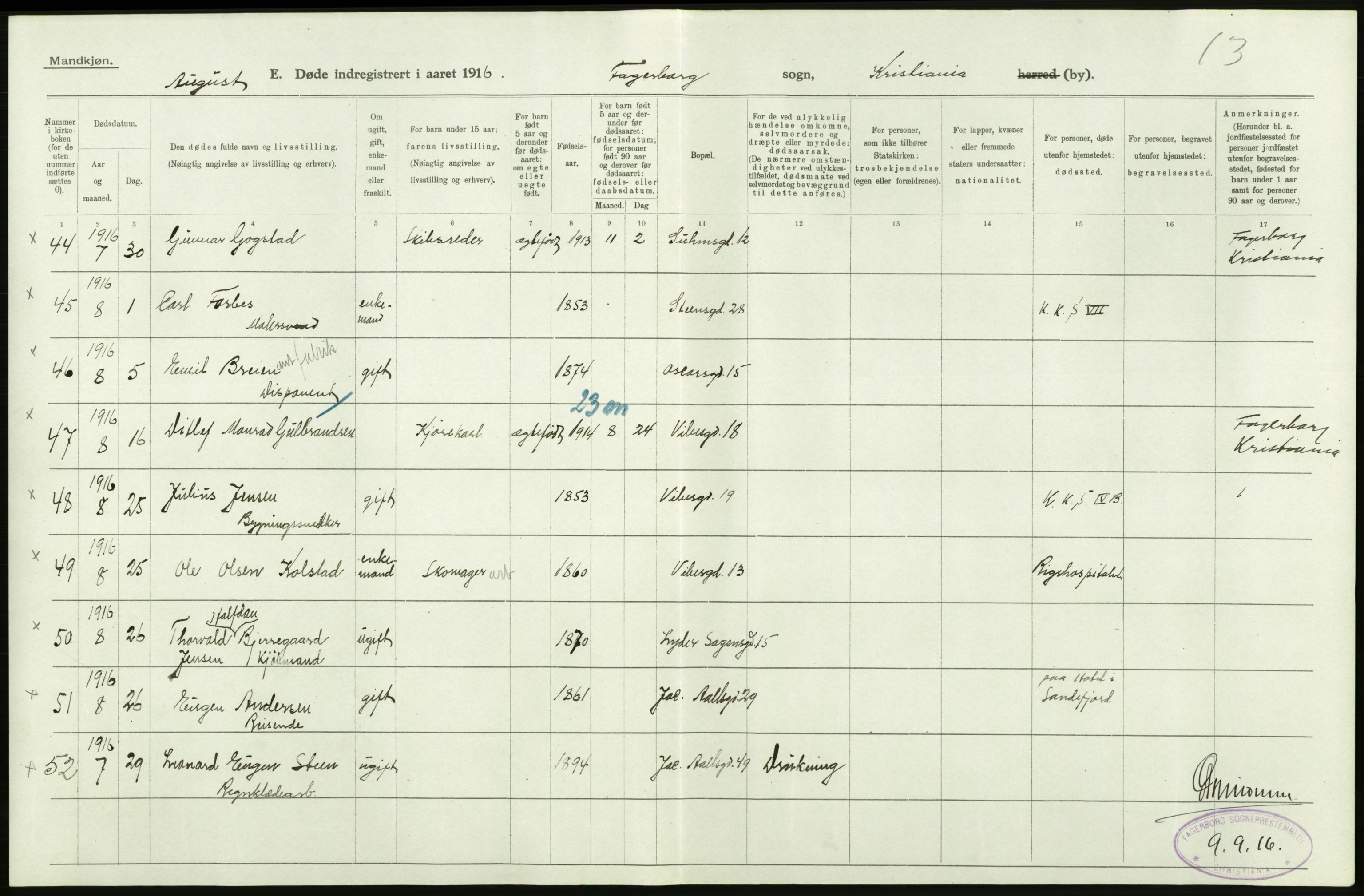 Statistisk sentralbyrå, Sosiodemografiske emner, Befolkning, AV/RA-S-2228/D/Df/Dfb/Dfbf/L0010: Kristiania: Døde, dødfødte., 1916, p. 380