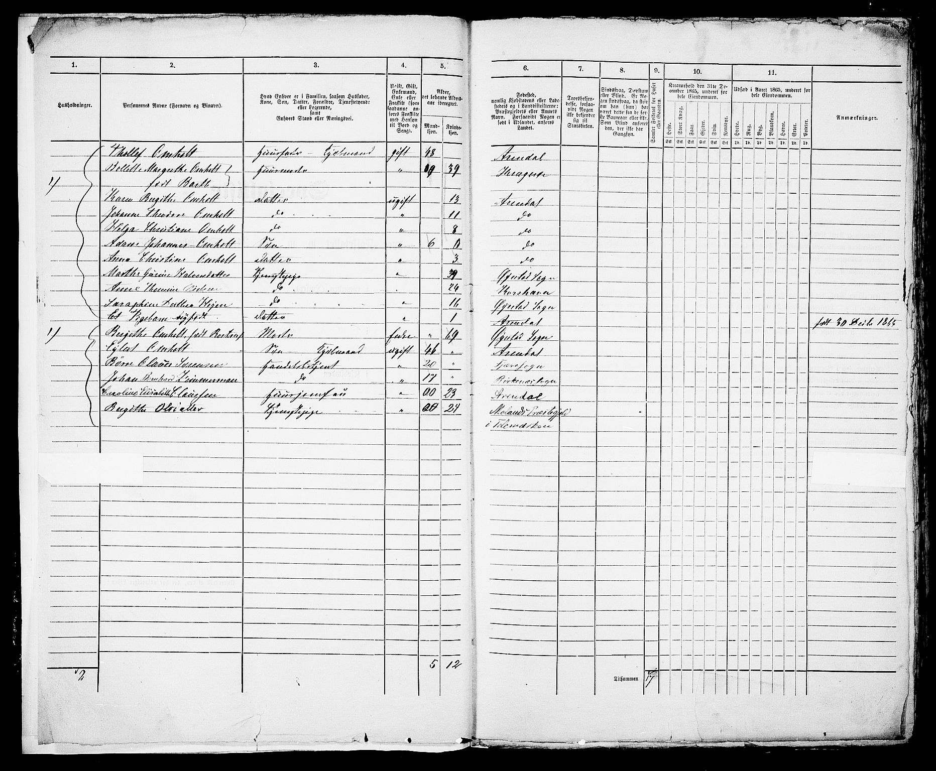 RA, 1865 census for Arendal, 1865, p. 4