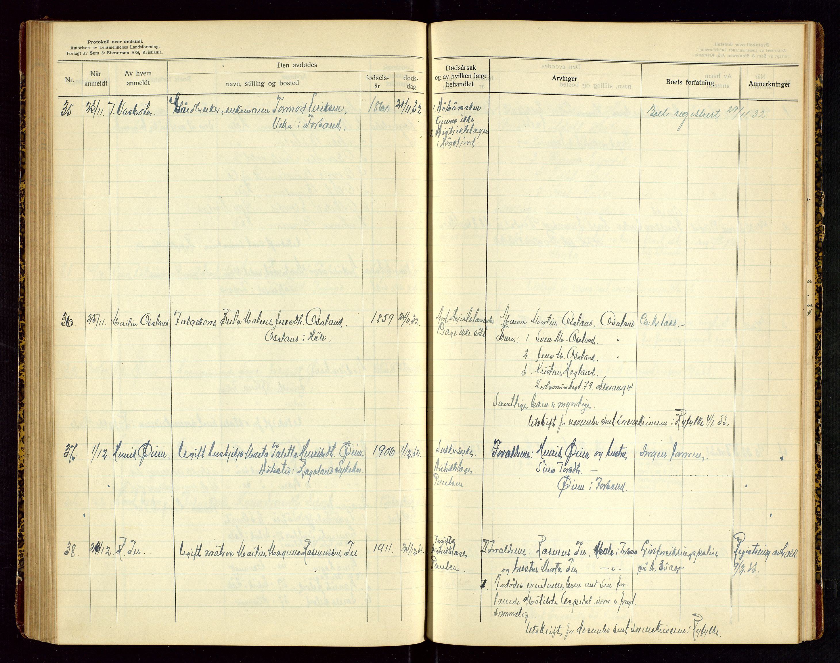 Høle og Forsand lensmannskontor, AV/SAST-A-100127/Gga/L0004: "Protokoll over anmeldte dødsfall i Høle og Forsand lensmannsdistrikt", 1925-1934