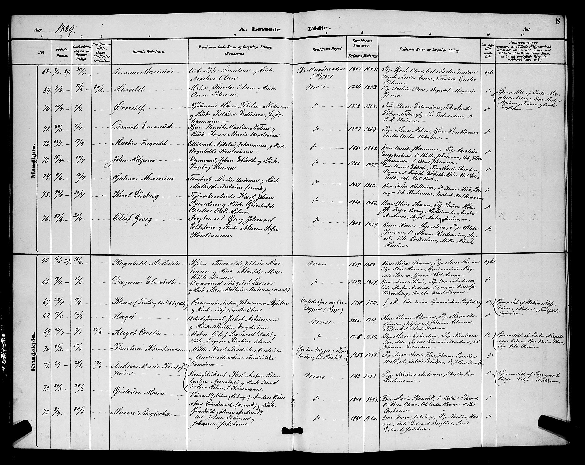 Moss prestekontor Kirkebøker, AV/SAO-A-2003/G/Ga/L0006: Parish register (copy) no. I 6, 1889-1900, p. 8