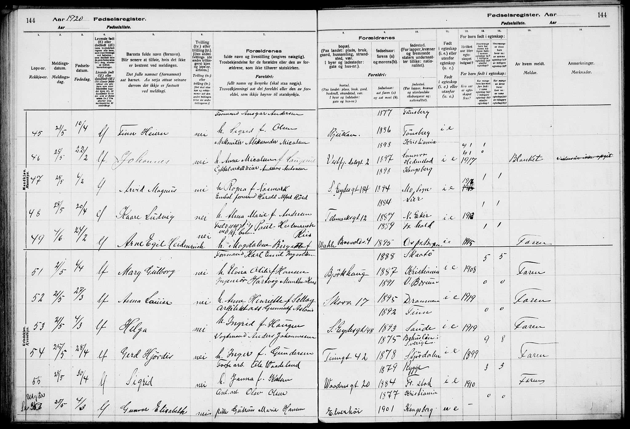 Rjukan kirkebøker, AV/SAKO-A-294/J/Ja/L0001: Birth register no. 1, 1916-1922, p. 144