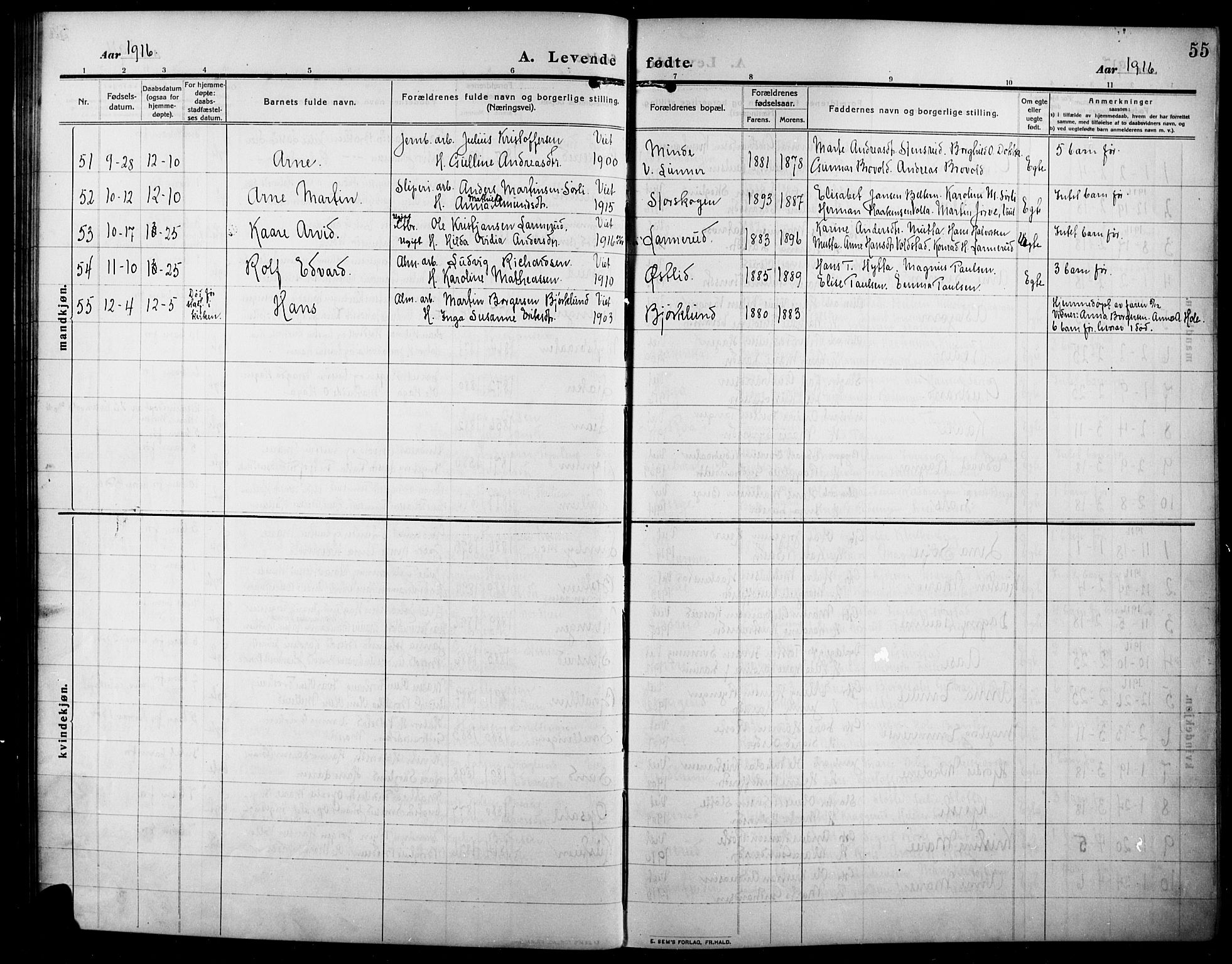Lunner prestekontor, SAH/PREST-118/H/Ha/Hab/L0001: Parish register (copy) no. 1, 1909-1922, p. 55