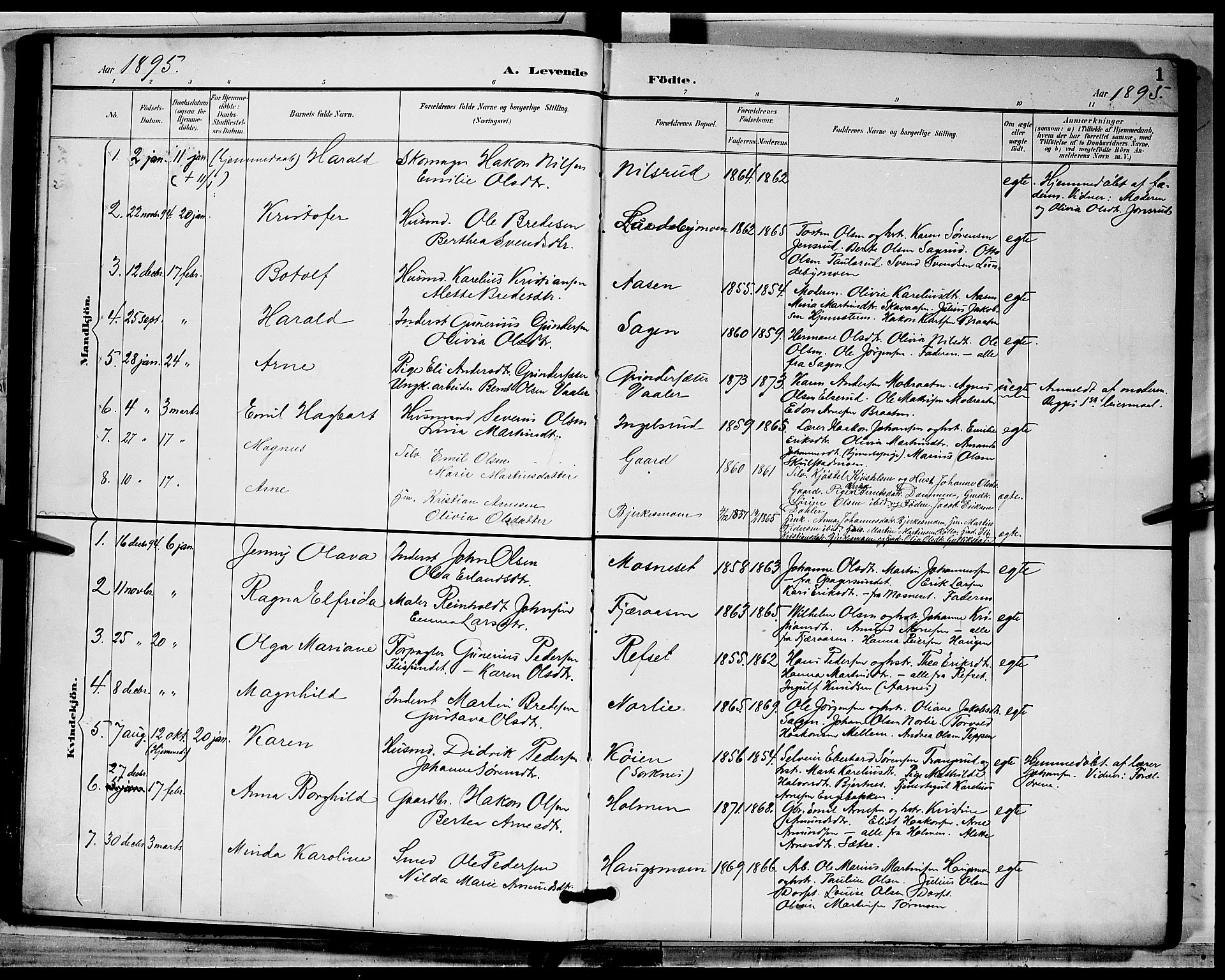 Grue prestekontor, SAH/PREST-036/H/Ha/Hab/L0003: Parish register (copy) no. 3, 1895-1899, p. 1